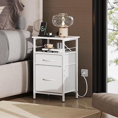 Miniatura 2 de WLIVE Juego de 2 mesitas de noche blancas con estación de carga, mesitas de noche para dormitorio, mesas de noche, mesa auxiliar con 2 cajones de