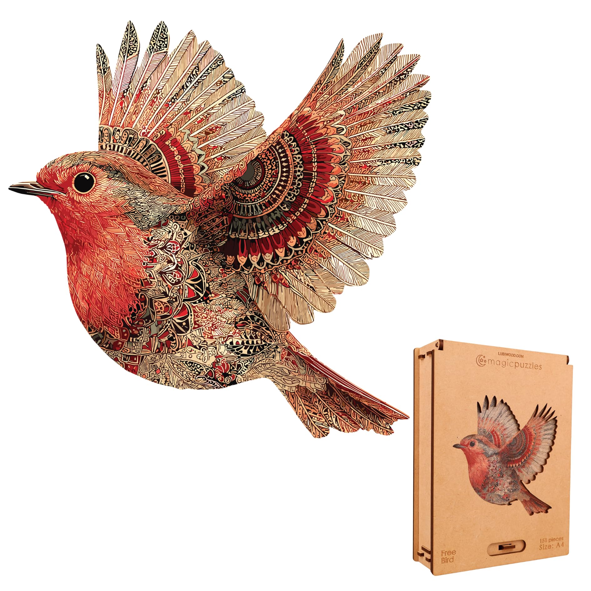 Lubiwood Unique Shaped Free Bird Wooden Puzzle (25x25 cm) - 154 Intricate Pieces, Includes Wood Gift Box - An Ideal Engaging Gift