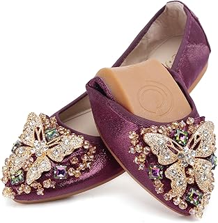 Cattle Shop Womens Ballet Flats Foldable Rhinestone Pointed Toe Comfortable Slip on Wedding Flat Shoes Dress Flats for Women