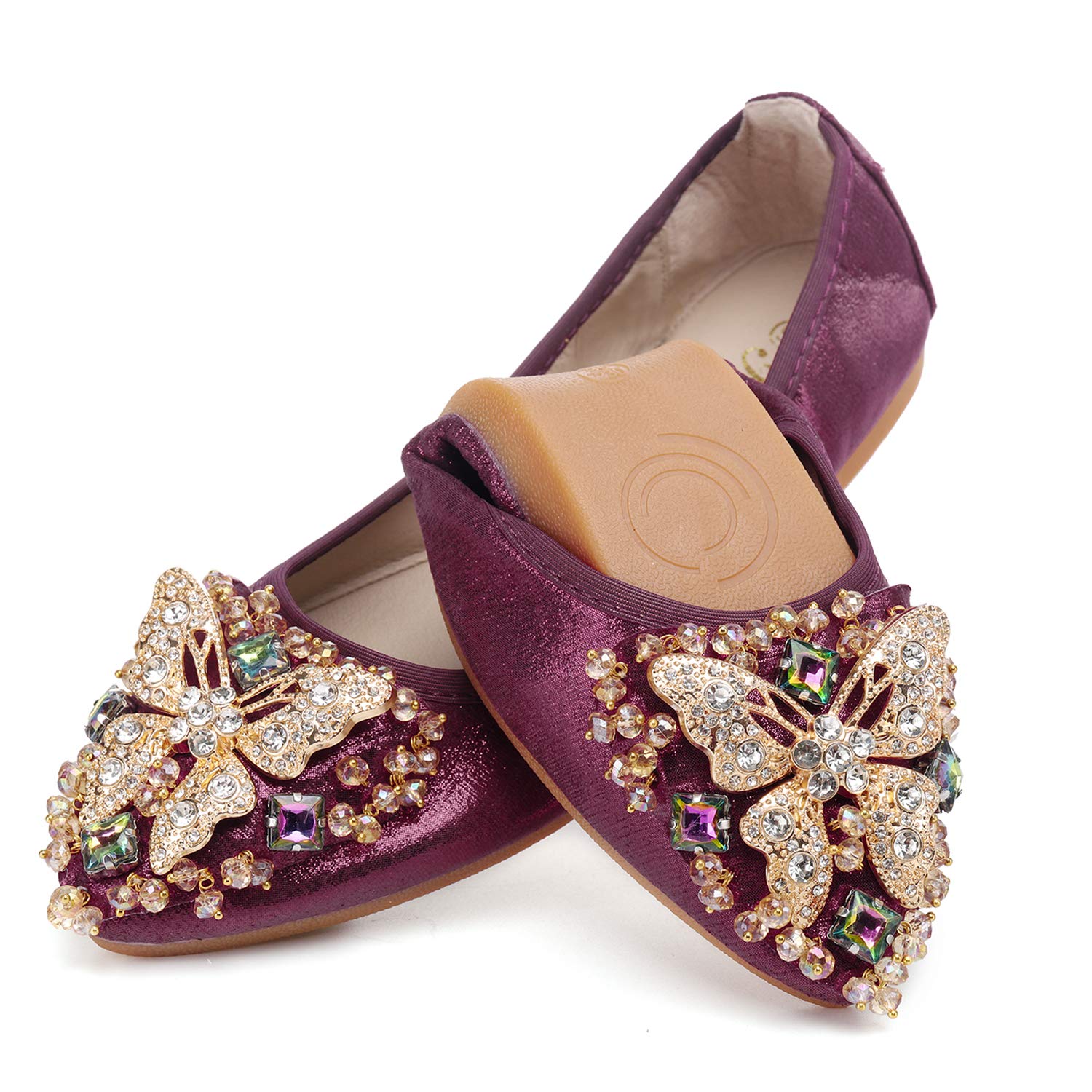 VYKF Womens Ballet Flats Foldable Rhinestone Pointed Toe Wedding Shoes Comfortable Slip on Flat Shoe