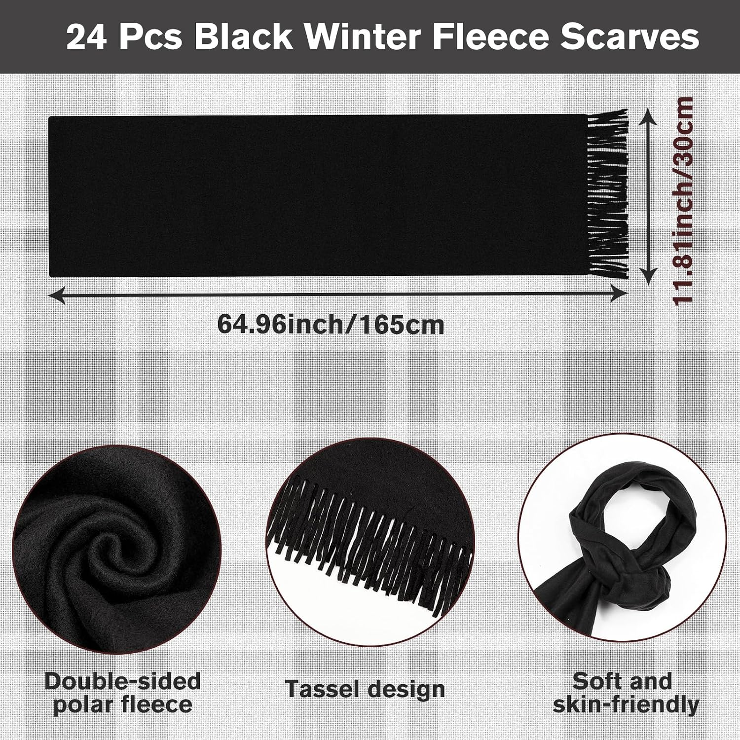Suhine 24 Pcs Warm Winter Scarf Soft Cold Weather Scarfs Bulk Solid Color Neck Unisex Fleece Scarfs for Women Men Homeless, Black