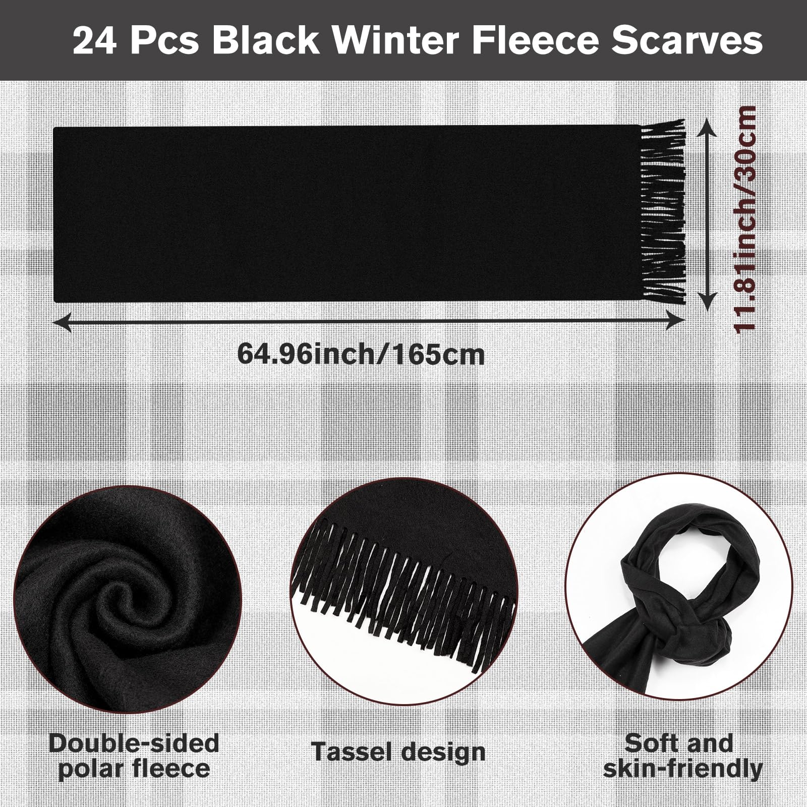 Suhine Warme Winterschal, weich, für kaltes Wetter, einfarbig, Unisex, Fleece-Schal für Damen und Herren, Schwarz, 24 Stück, Schwarz, Einheitsgröße