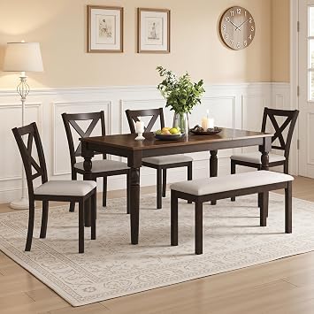 6 Piece Solid Wood Dining Table Set with 60" Farmhouse Chairs
