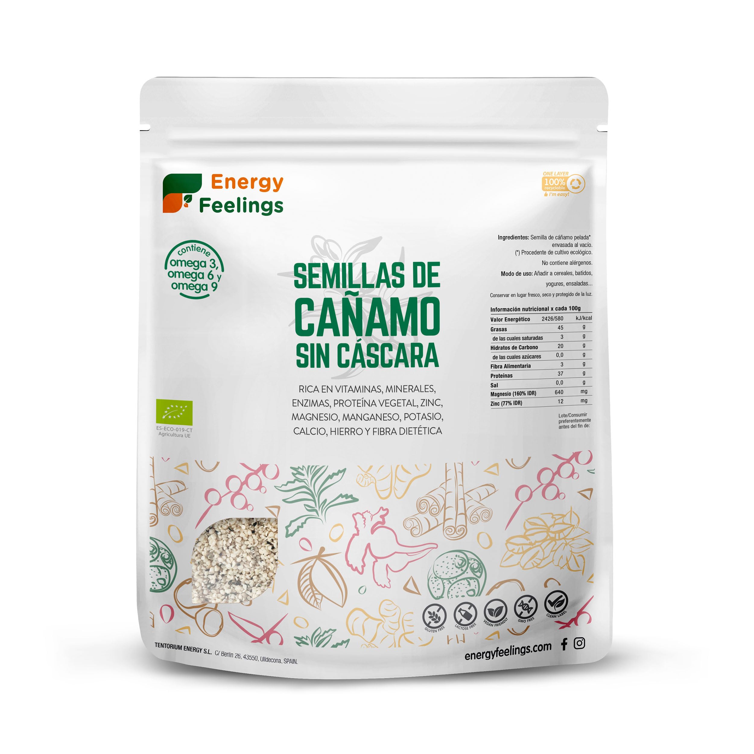 Energy Feelings Semilla de Cáñamo Ecológico sin Cáscara - 1000 gr, 30% de Proteína, Remedio para Prevenir Artritis, Ricas en Vitaminas B, Sin Lactosa, Sin Gluten y Sin Azúcar Añadido, Pack XL