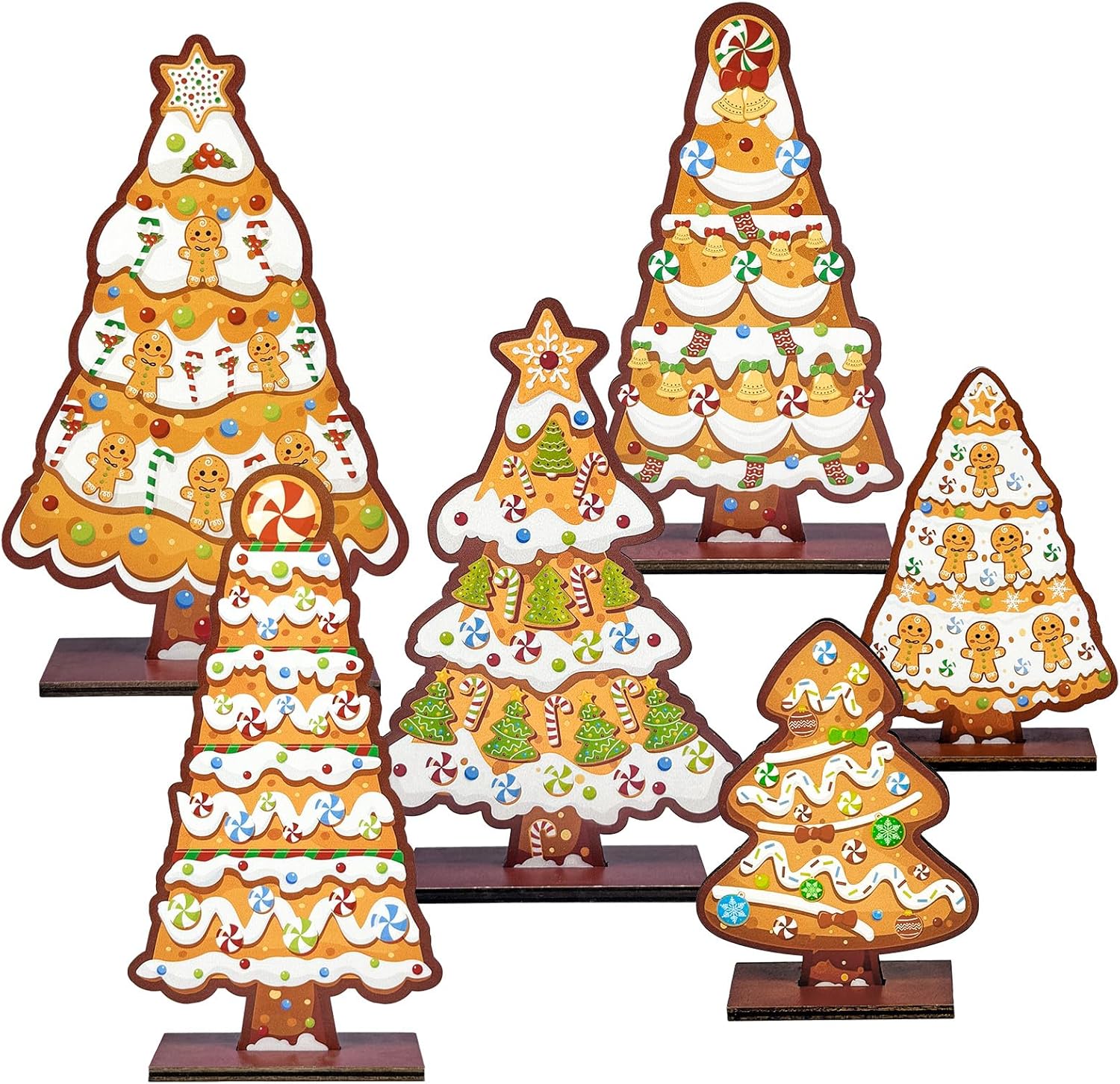 Cinrobiye 6 Pcs Christmas Table Decorations, Gingerbread Tree Tabletop Centerpieces Farmhouse Rustic Wood Xmas Trees for Home Mantel Fireplace Winter Holiday Party Supplies Decor