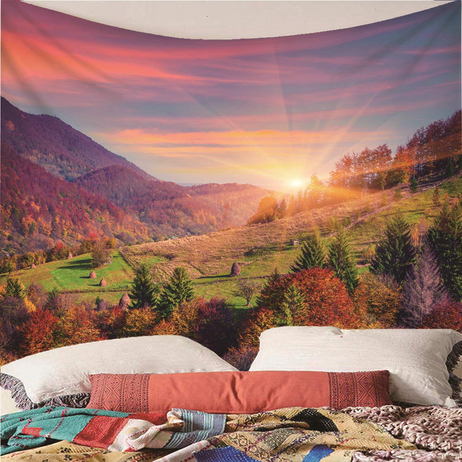 KnSam Dywan na ścianę, gobelin, ozdoba na ścianę, do salonu, dekoracja domu z poliestru, zachód słońca nad lasem górskim kolorowy 350 x 256 cm