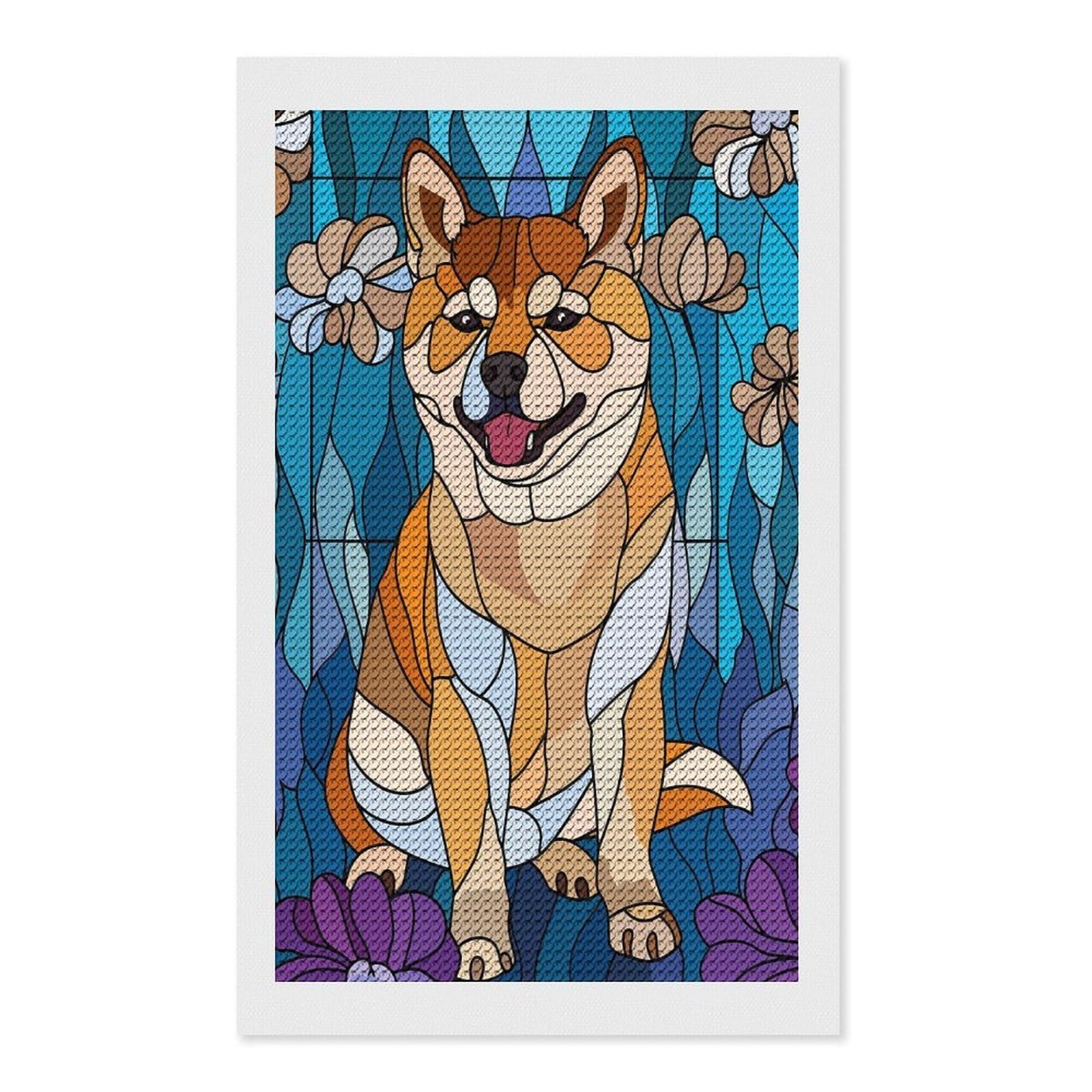 Junmoney Stained Glass Shiba Inu Dog Round Drill Diamond Painting 12"x20", for Craft Lovers, Stress Relief Craft, Bedroom Decor, Festive Craft Gift