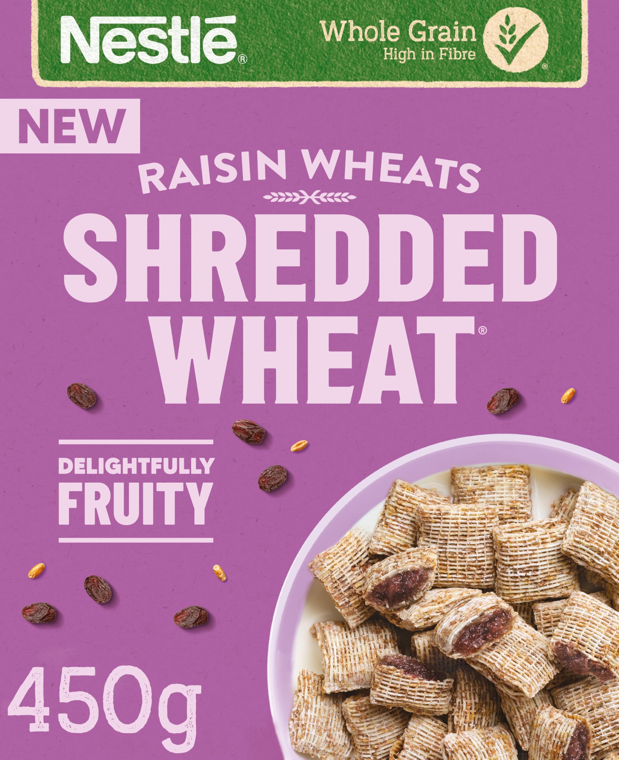Nestlé Cereals - Shredded Wheat Breakfast Cereal - Bitesize Raisin Wholegrain Biscuits, High Fibre, Vegan - 450g