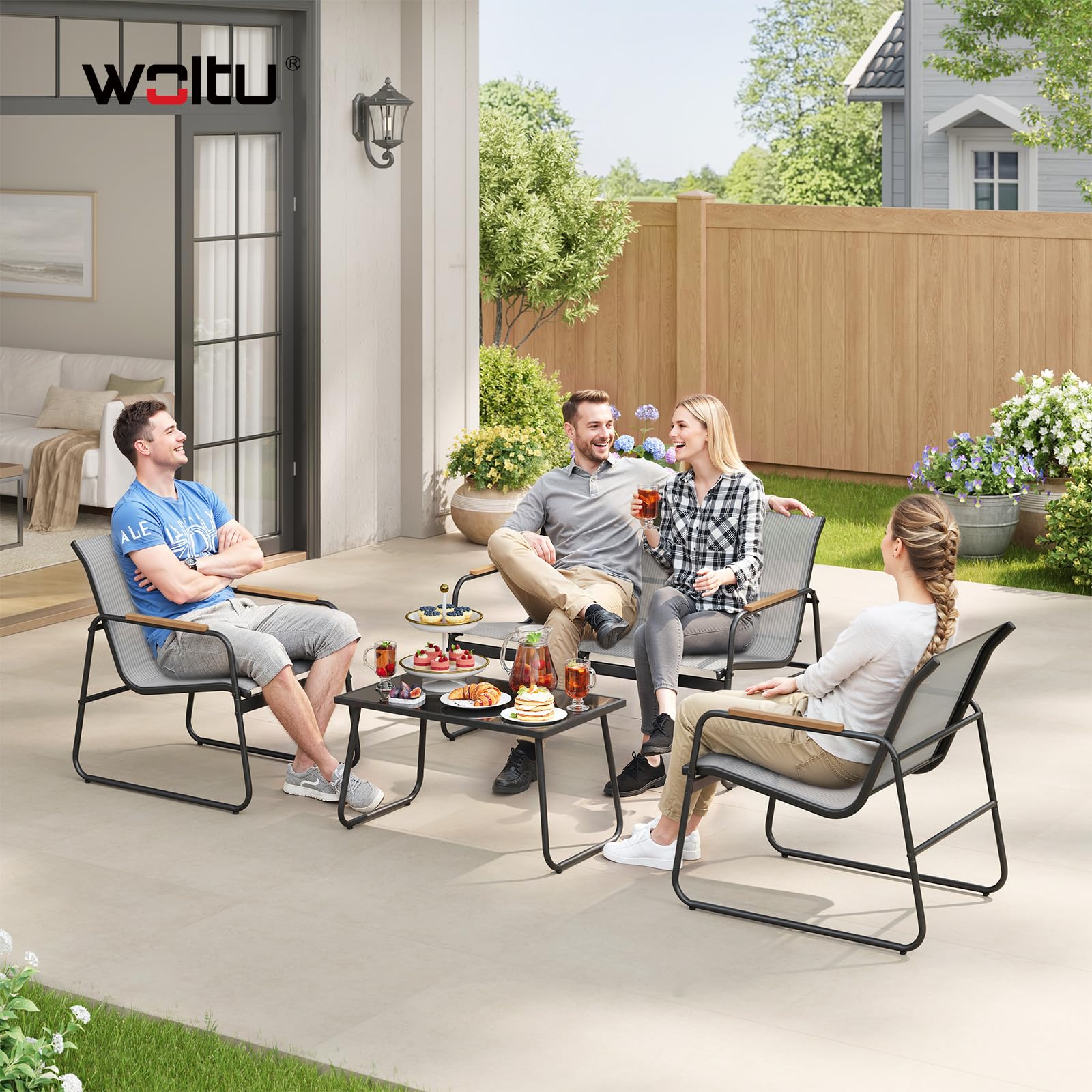 WOLTU Gartenmöbel Set 4-teilig1 Tisch & 1 Zweisitzer-Sofa & 2 Sessel mit Rückenlehne und Armlehnen Ergonomisches Design UV-beständig Balkonmöbel für Terrasse und Balkon, Grau