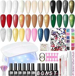 COSCELIA 33PC Gel Nail Polish Kit with U V Light, 10 Colors Pink White Yellow Glitter Gel Polish Starter Kit Nail Art Decorations Complete Manicure Tools for Women Home Salon