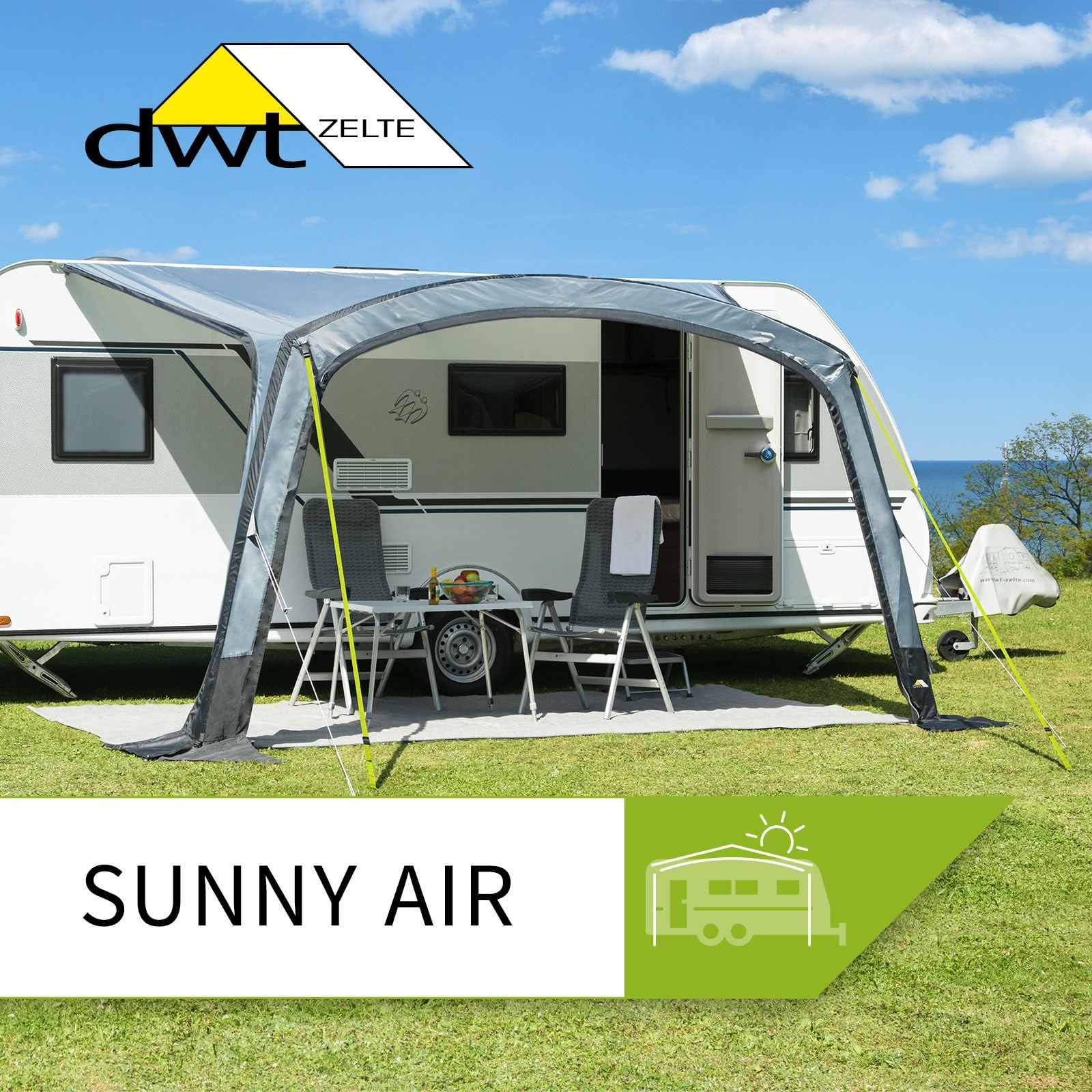 DWT aufblasbares Sonnendach für Wohnwagen - Sunny Air - inkl. 1 x Vorder- und 2 x Seitenwand - 300/400 cm x 250 cm Tiefe - Air-In-System