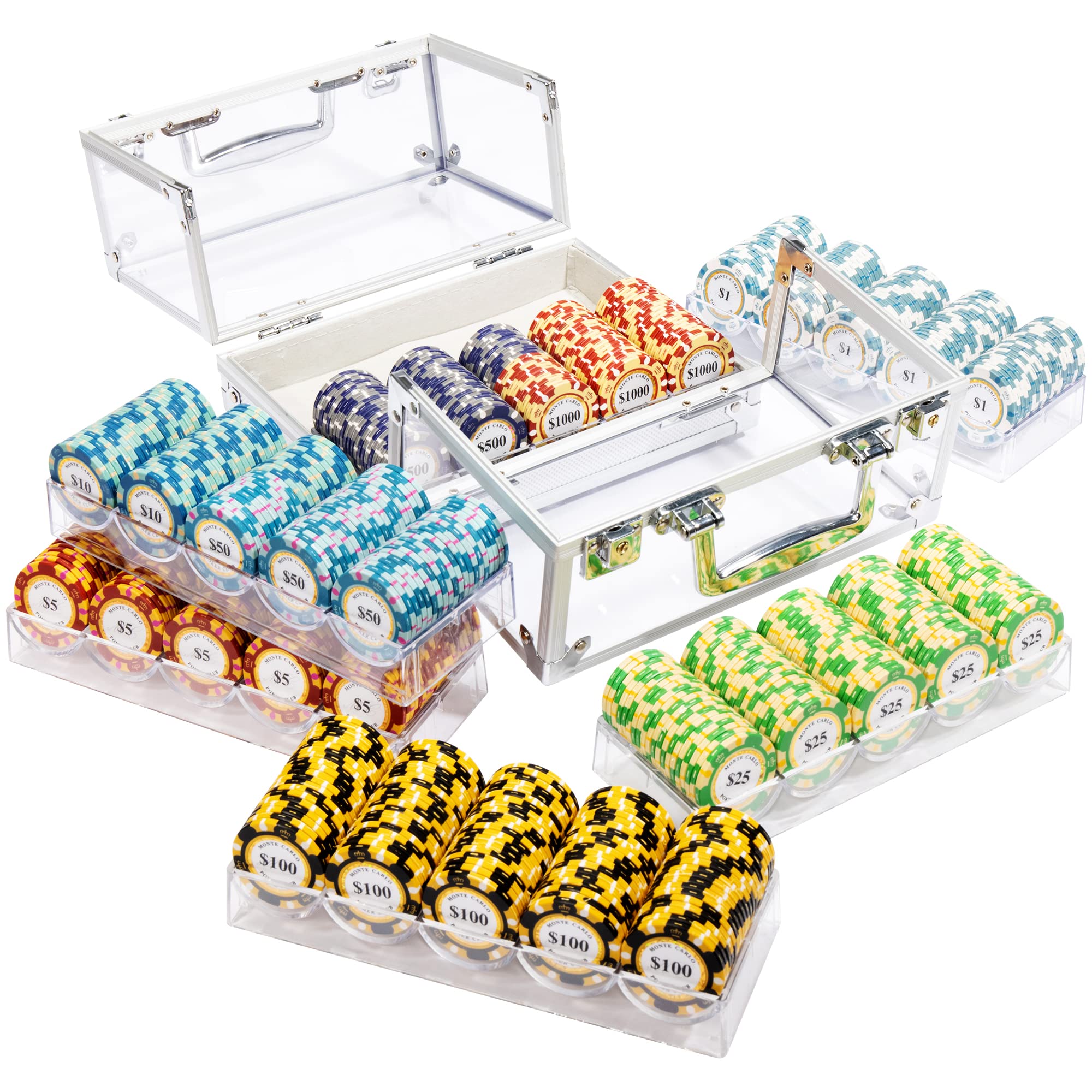 Monte Carlo Poker Chip Set in Acrylic Carry Case - Casino Clay Composite 14-Gram Quality Poker Chips - Display and Transport Your Collection - Heavy-Duty Protection (600 ct)