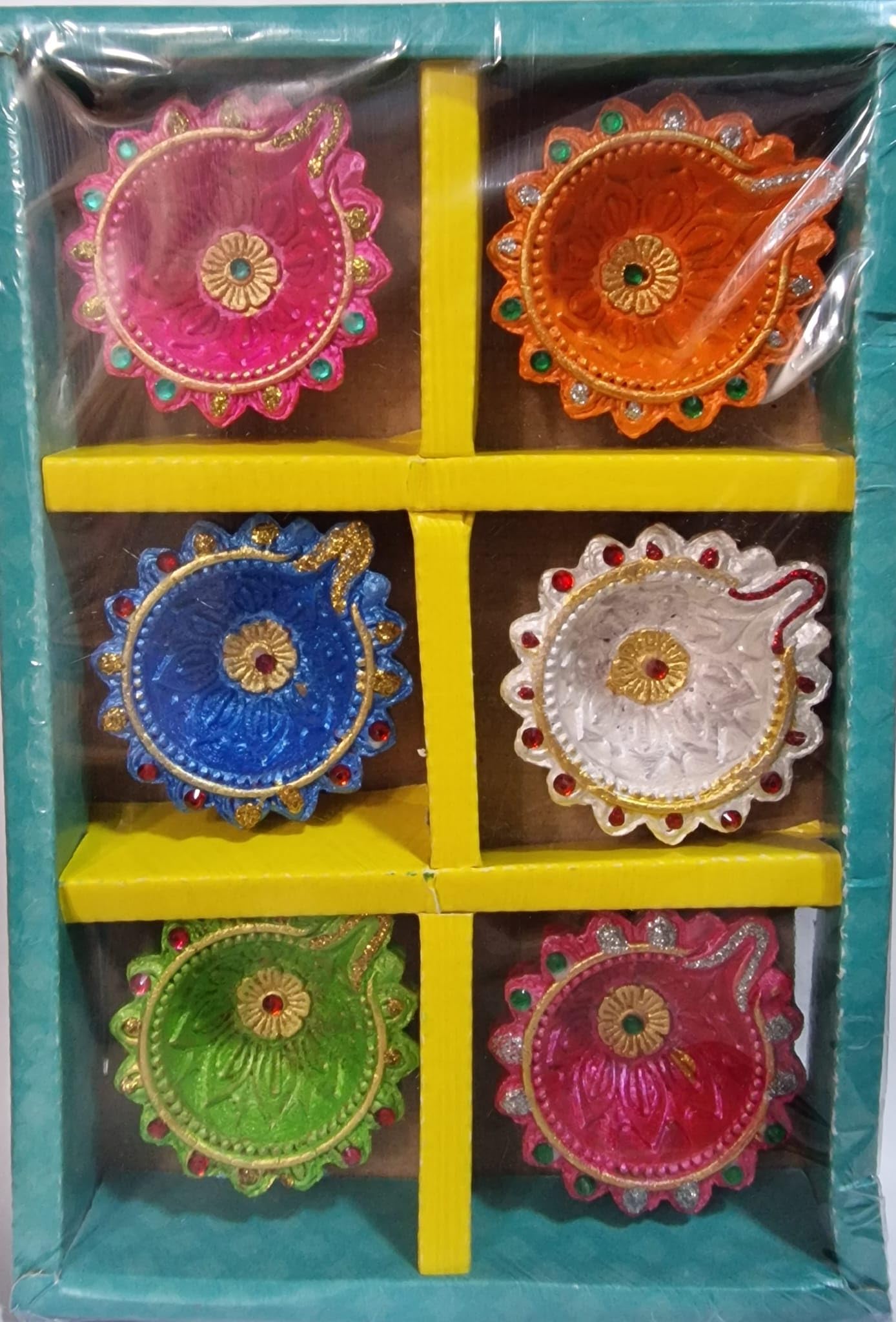 Traditional Decorative Colorful Diya (Set of 6) – Handcrafted Clay Lamps for Puja, Festivals, Diwali & Home Decoration (Pack of 1)