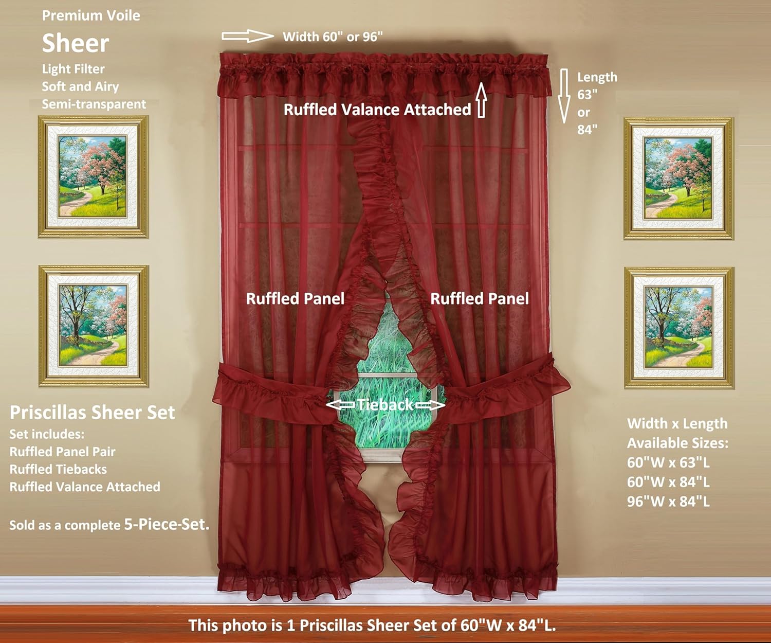 Today's Curtain, Emelia Priscilla Sheer Pair 60" W x 84" L, Burgundy, 5-Piece-Set