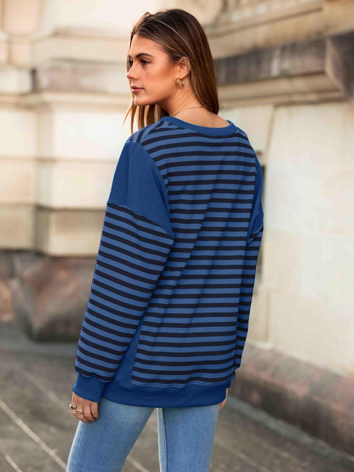 Glamaker Womens Striped Long Sleeve Sweatshirts Loose V Neck Fashion Winter Pullover Outdoor Comfort Fall Trendy Tops 2025 - Image 3