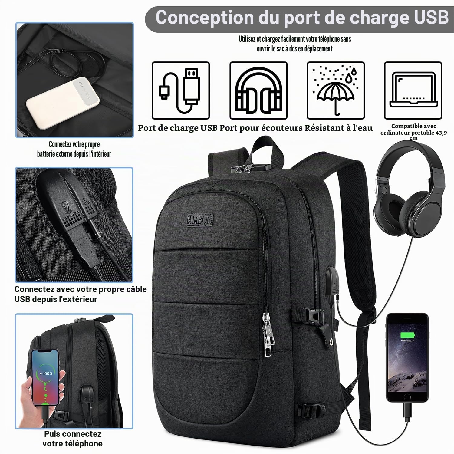 AMBOR Sac à Dos Ordinateur Portable 17.3 Pouces Imperméable avec USB Charging Port Noir