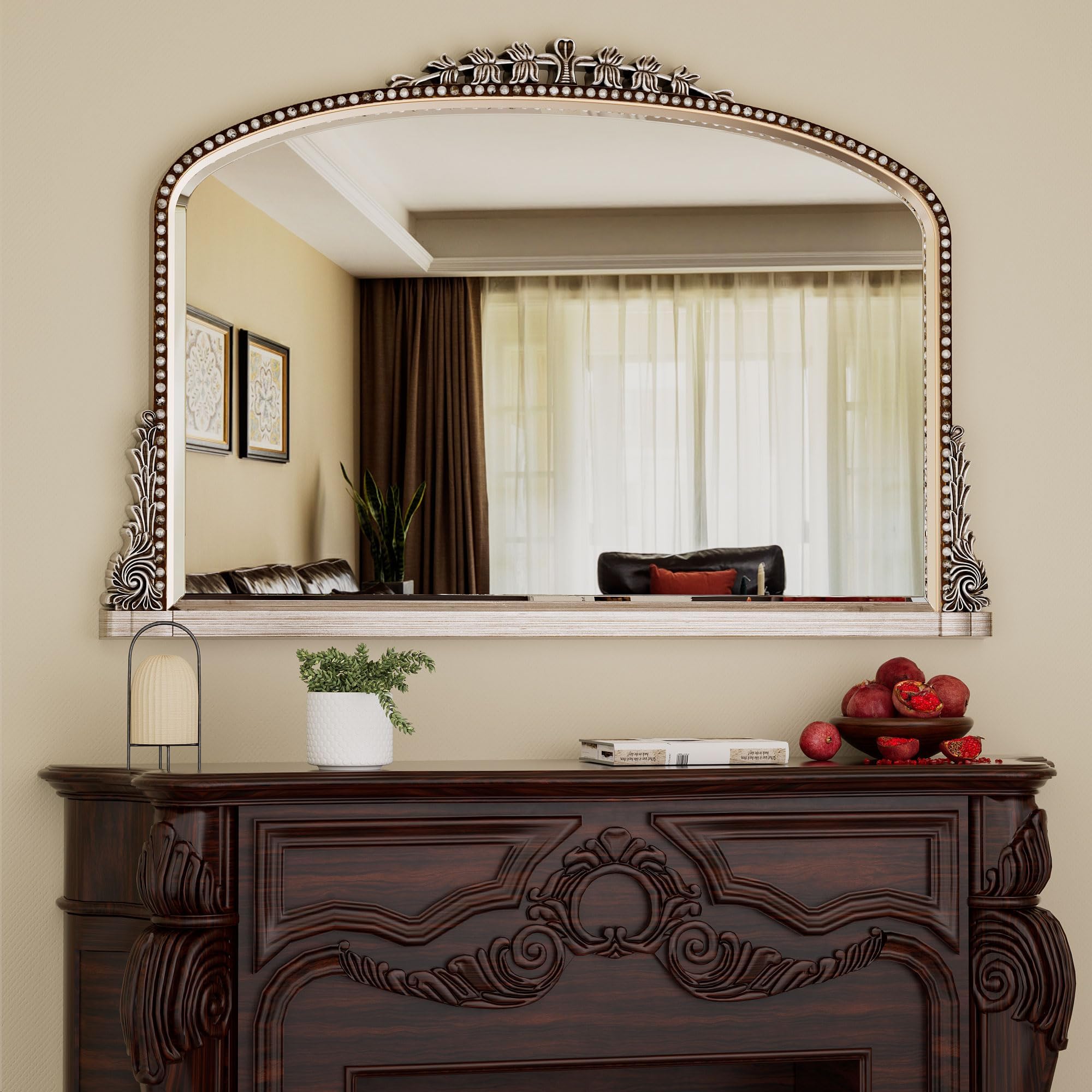 Wall Mirror, Vintage Carved Bathroom Mirror 24" x 36" Antique Metal Frame Wall Mirror for Bedroom, Living Room, Entryway, Fireplace, Hallway, Silver