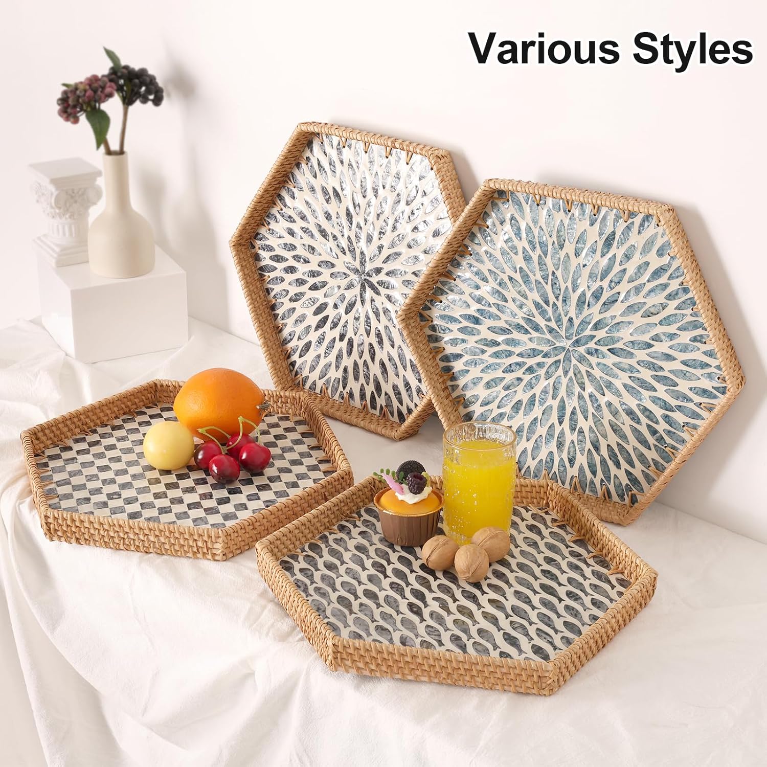 Hexagon Rattan Tray with Mother of Pearl Inlay, Rattan Serving Tray for Coffee, Bread, Fruits, Snacks, Decorative Wicker Tray for Table Decor, Home Decor (Little Bluefish, 14.5"×12.8") - Image 3