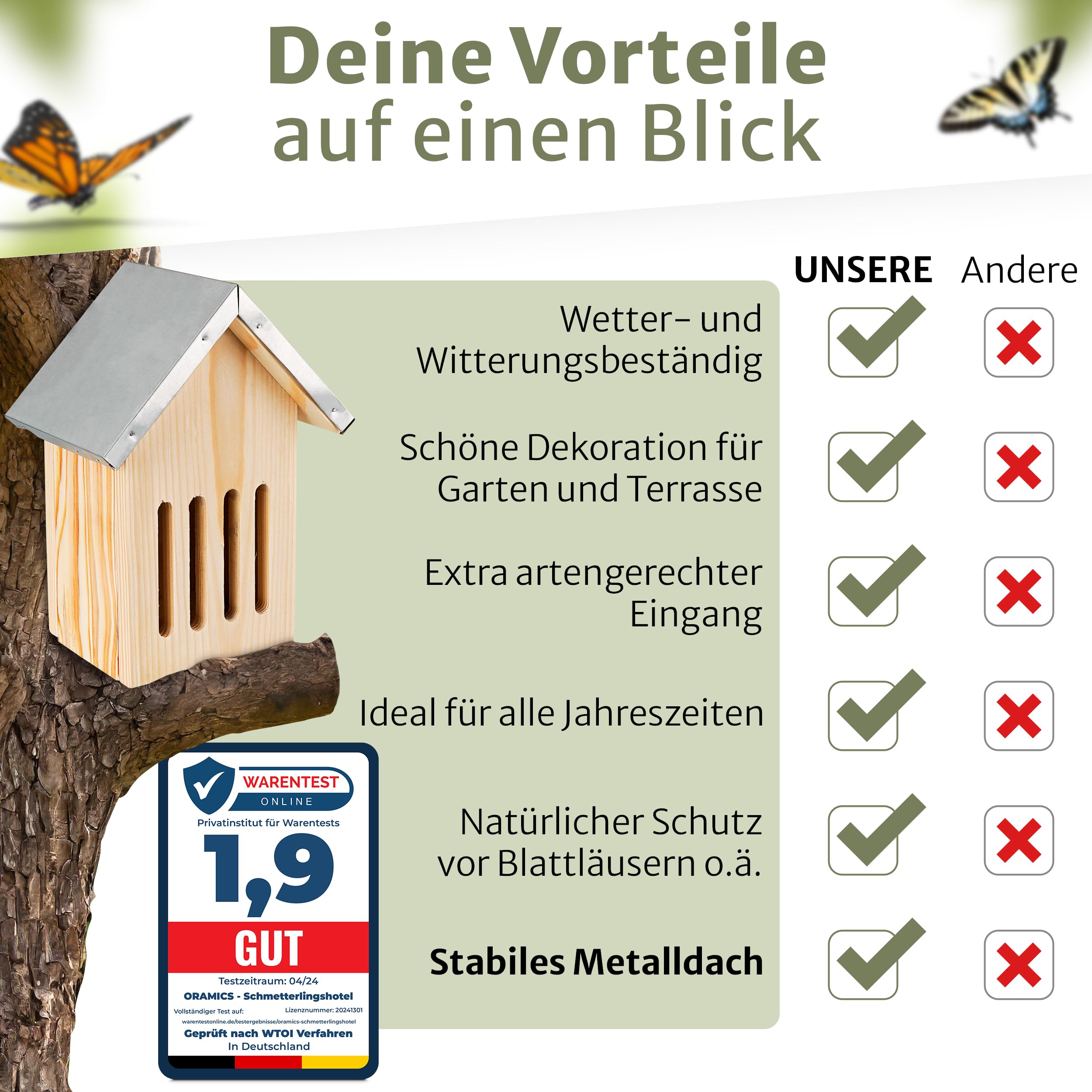 Oramics Schmetterlingshaus aus Kiefernholz mit wetterfestem Metall Dach [Made in Europe] Schmetterlingshotel für Garten und Balkon – Schmetterling Kasten Insektenhotel zum Züchten oder zur Aufzucht
