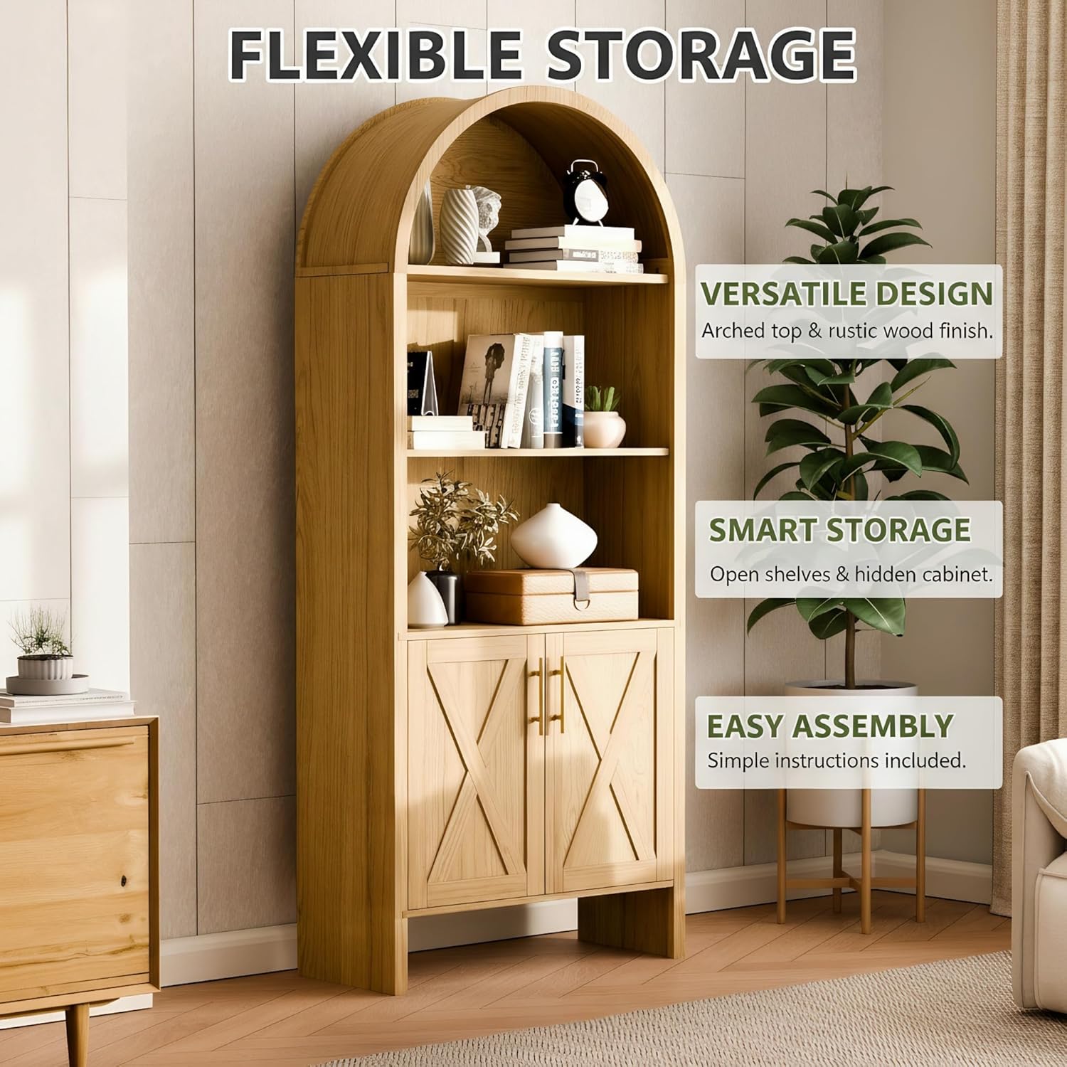 Arched Storage Bookshelf, The Original 4-Tier Bookcase with Doors, 60" Mini Farmhouse Display Bookcase Cabinet, Modern Wooden Storage for Home Office Living Room Library, Oak
