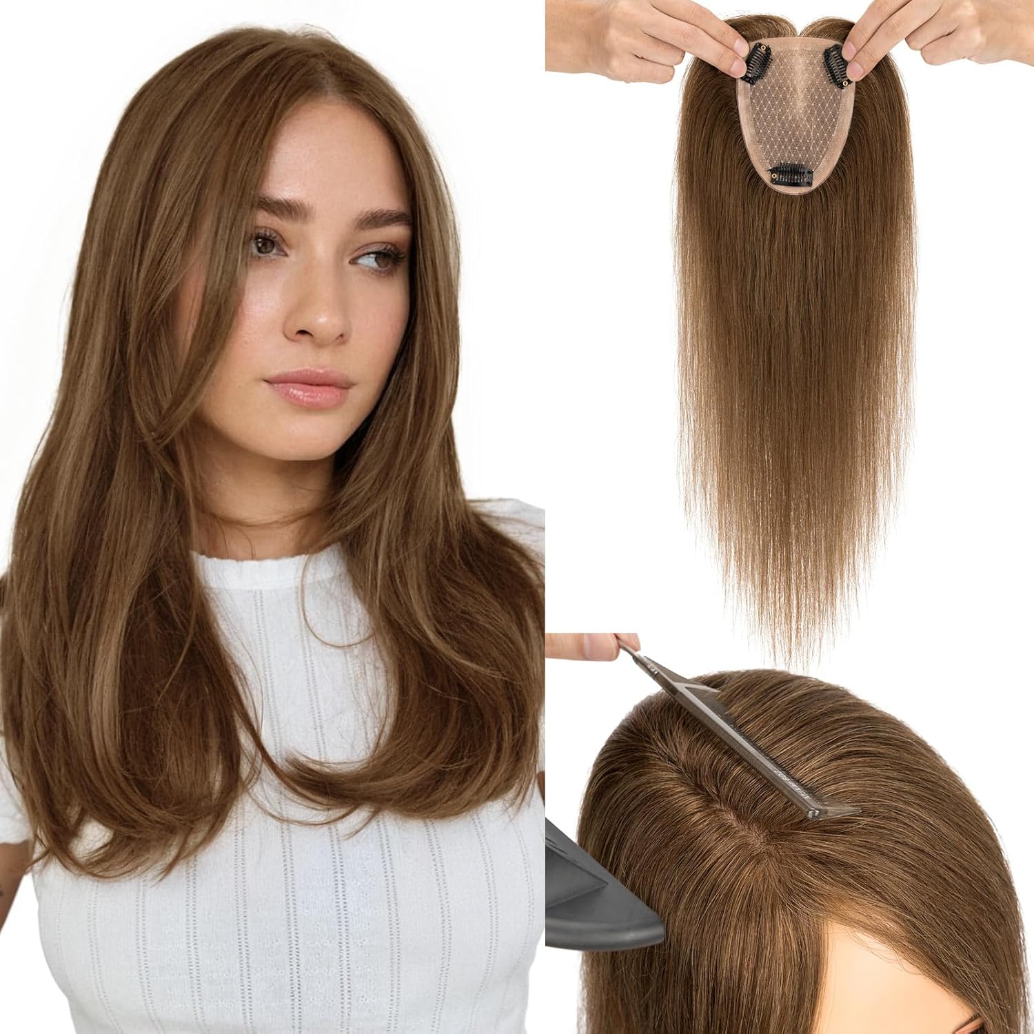 Hairro Human Hair Toppers Free Parted, 3.5x4.7" Base Hand-wovened 100% Real Hairpieces, with Invisible Clips-in for Women, for High Hairline/Adding Volume on Top, 14 Inch Mocha Brown
