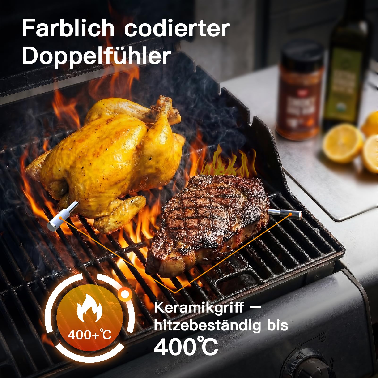 BFOUR Fleischthermometer Kabelloses mit 2 Sonden, App Alarm für Grill & Ofen