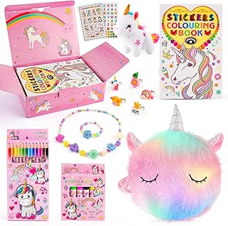COVEVA Unicorn Toys for 3 4 5 6 7 8 Year Old Girls,28 Pcs Unicorn Gift Set with Unicorn Stuffed Animals Toy, Coloring Book Markers and Pencils, Unicorn Bag & Jewelry, Best Unicorn Gift Ideas.