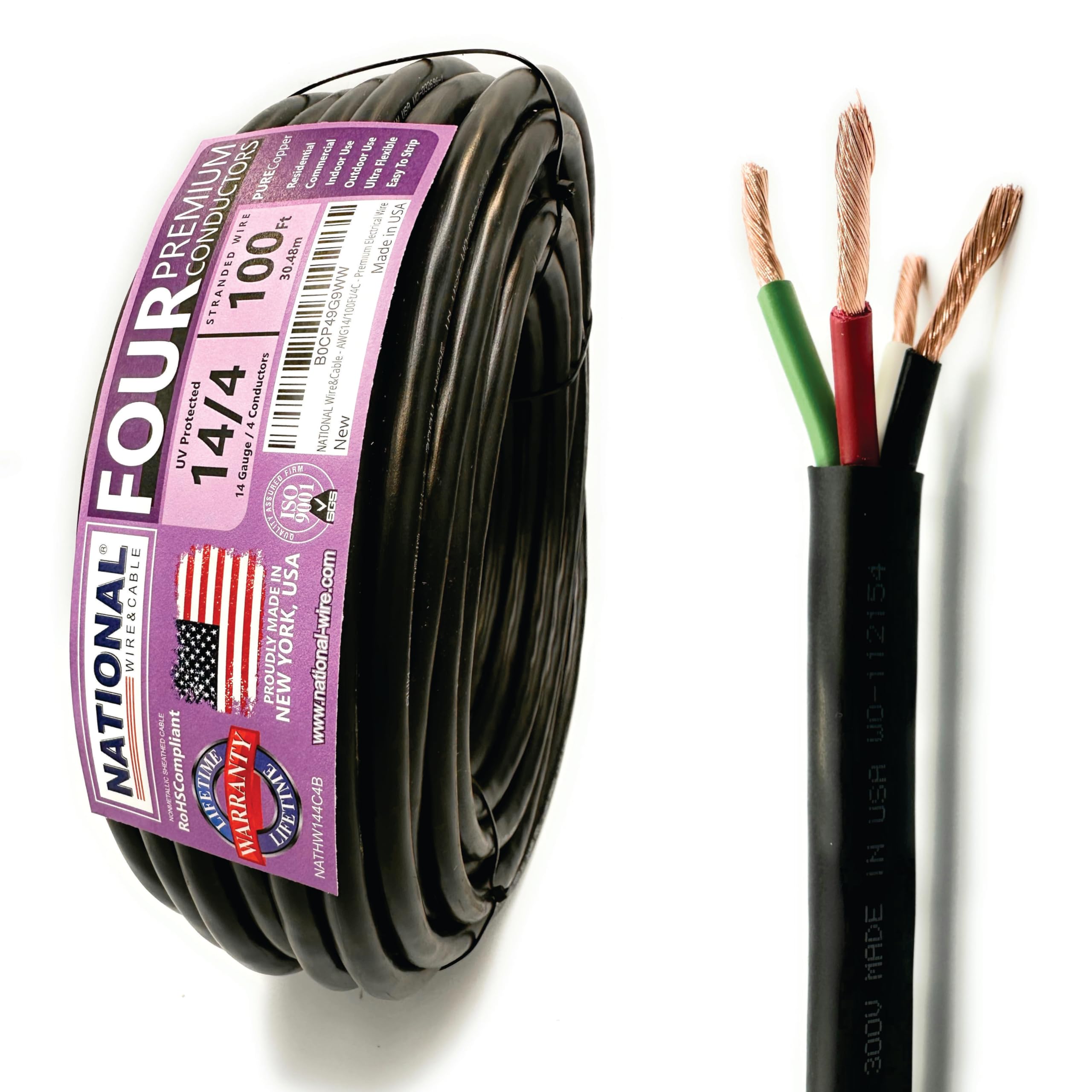 NATIONAL Wire & Cable – 14 AWG 4-Conductor Premium Copper Wire, 100 ft, Stranded | Made in USA, Heavy-Duty Flexible Jacket | Automotive, Low Voltage,