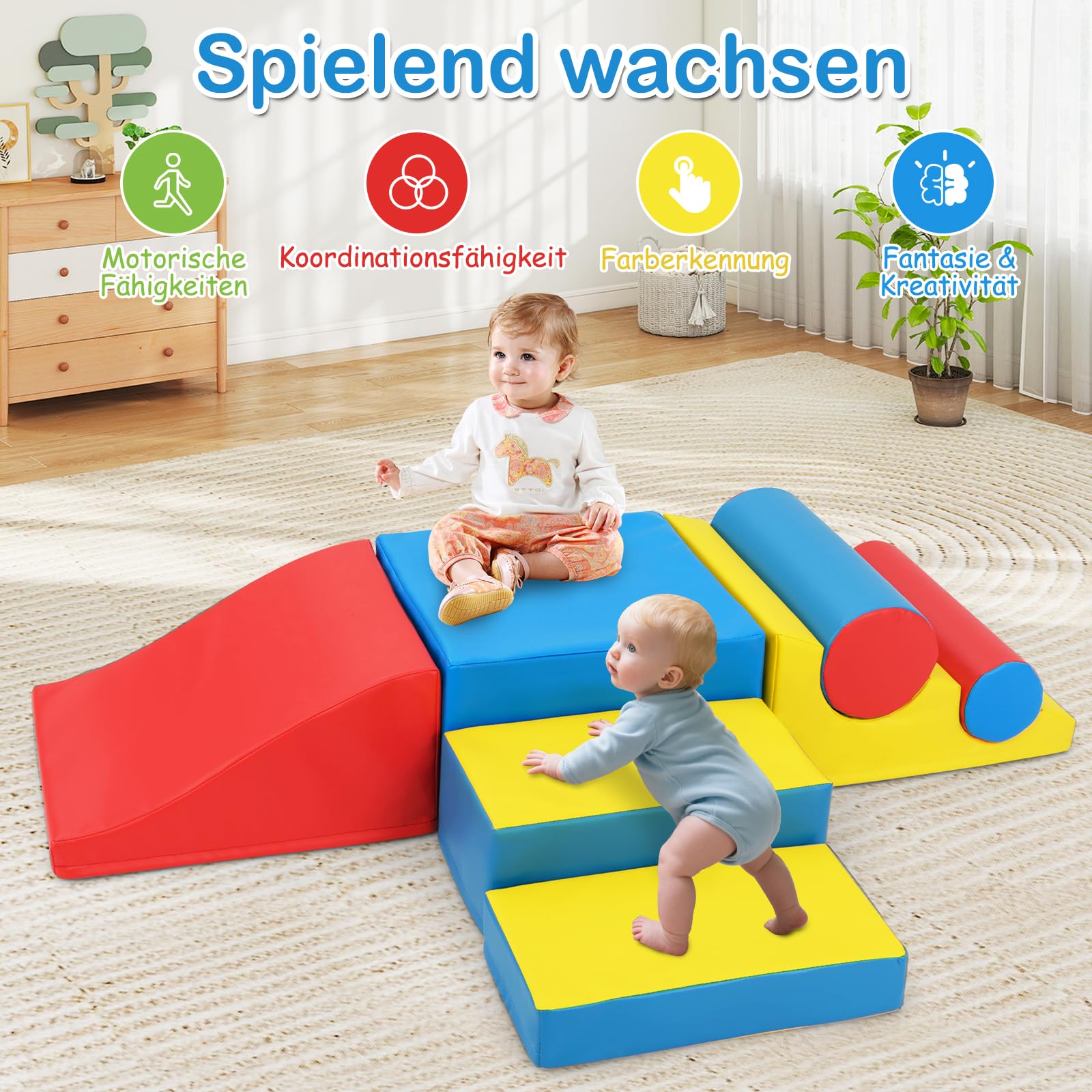 DREAMADE 7 tlg. Softbausteine für Baby & Kleinkinder, Schaumstoff Bausteine mit Klettverschlüssen, Wasserfester Kunstlederbezug, Rutschfeste Basis, Kletterblöcke für Baby Indoor Klettern & Toben, Bunt