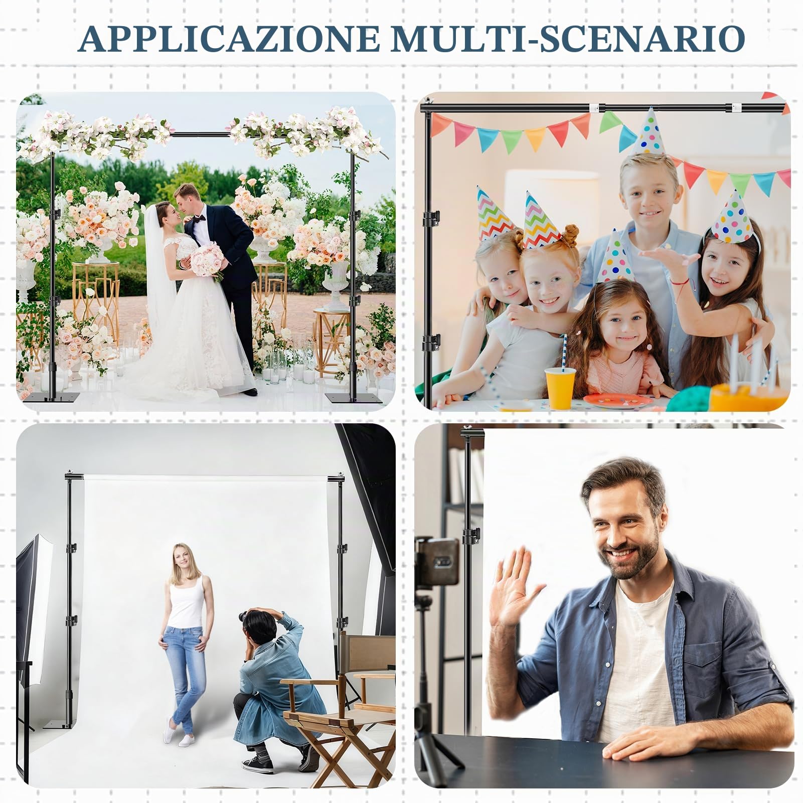 Supporto per fondale resistente, 2 m x 3 m, cornice regolabile con base in metallo, tubo e kit di supporto per cabina fotografica, video, studio, decorazione, matrimoni, feste di compleanno,