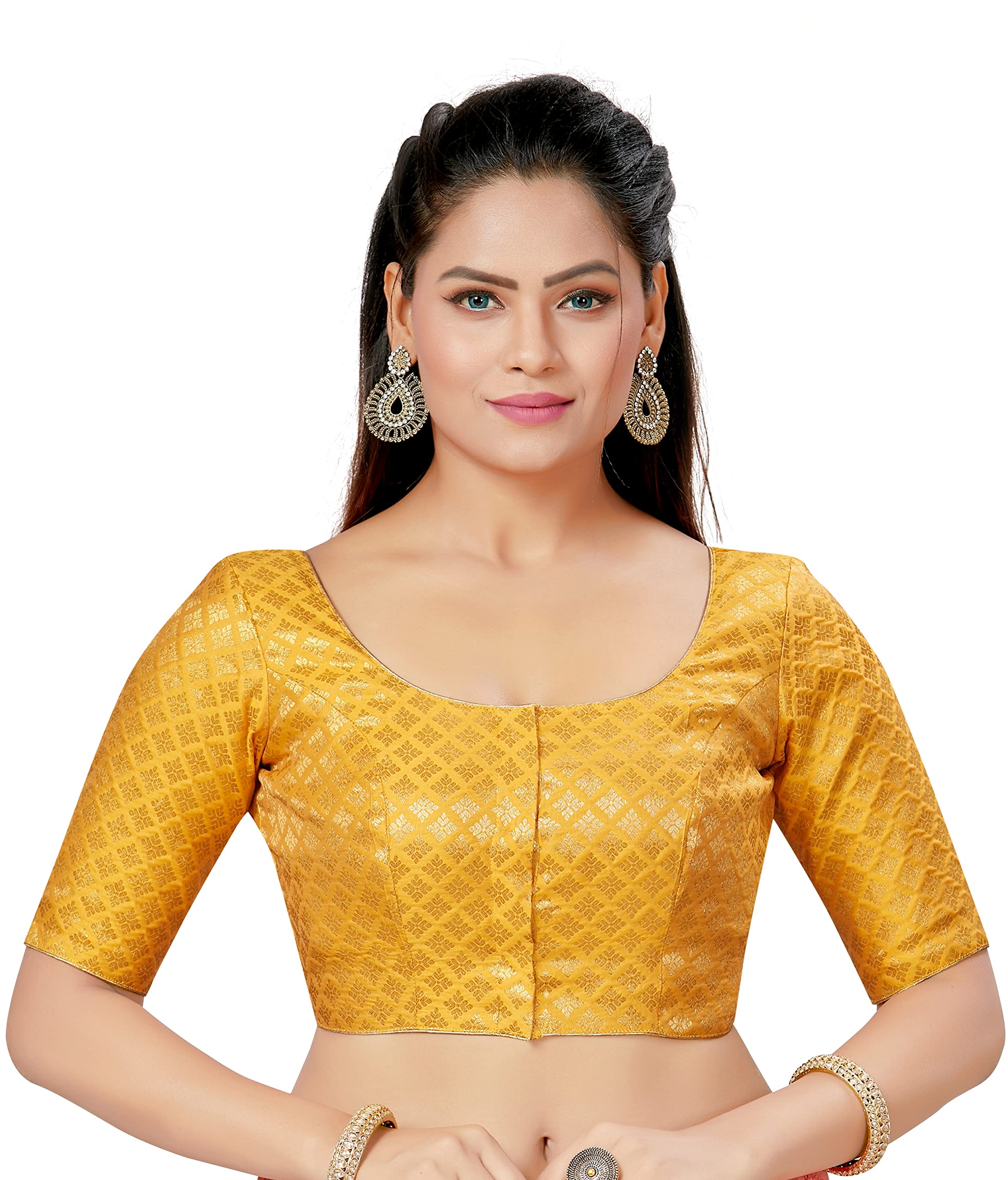 Womens Polyester Brocade Readymade Saree Blouse with Elbow Length Sleeves-image-40