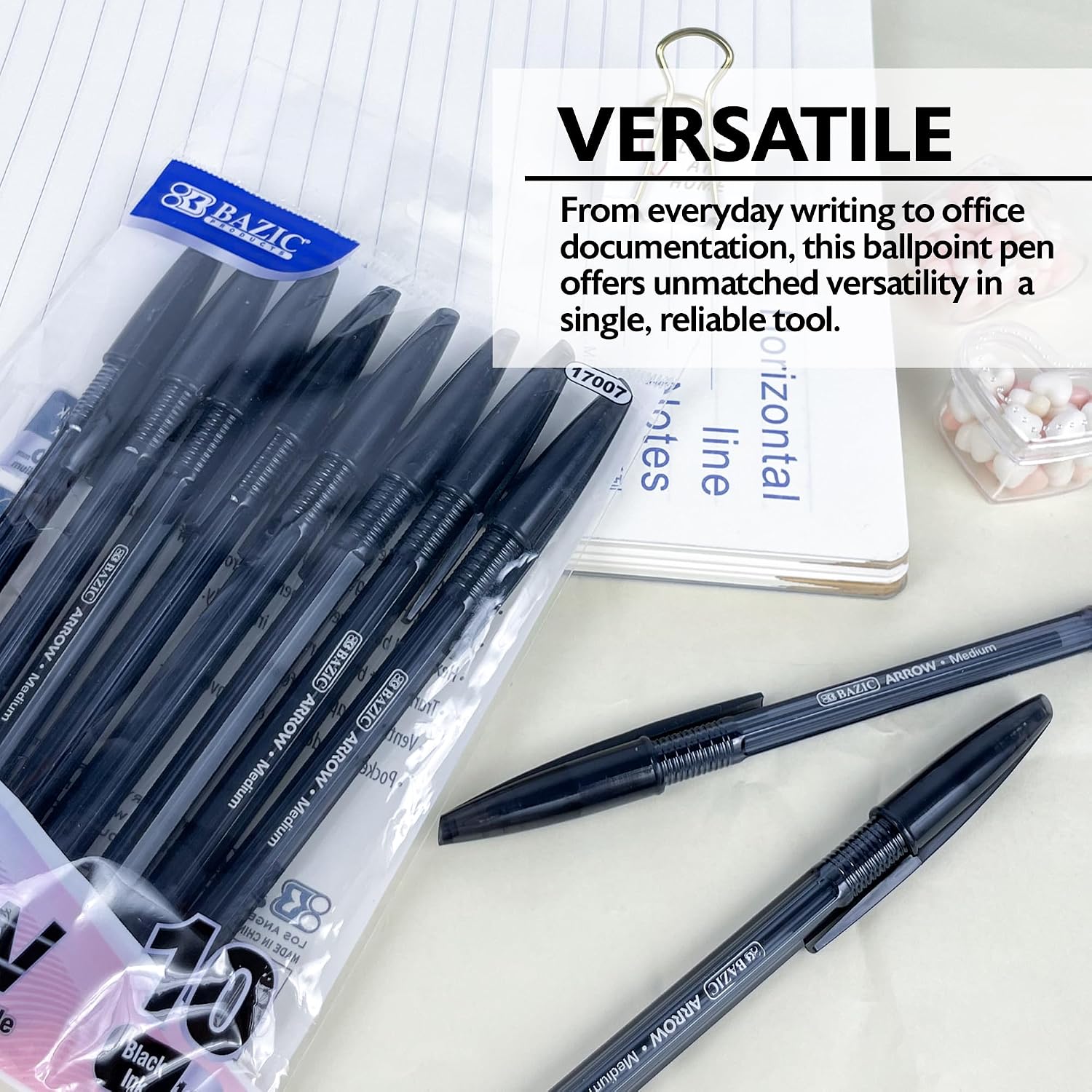 BAZIC PRODUCTS Arrow Ballpoint Pens, 1.0 mm Medium Point Black Color Stick Pen, Smooth Writing for Office School Teacher, 10 Count, 1-Pack
