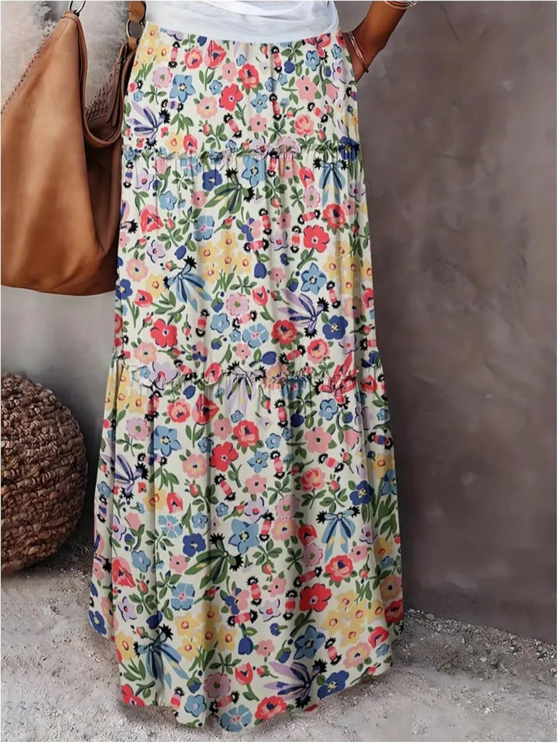 Milumia Women's Boho Floral Tiered Maxi Skirt Elastic High Waist Long Flowy Skirts with Pockets