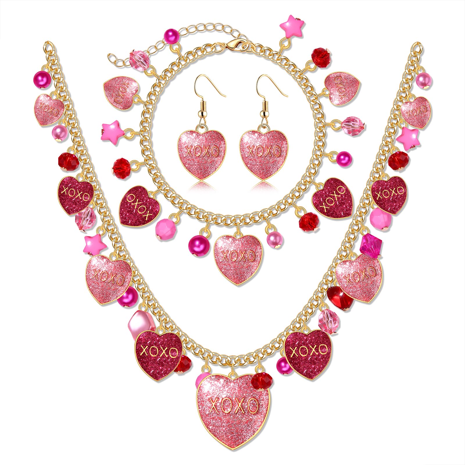 Valentine’s Day Necklace Bracelet Earrings for Women Valentine’s Day Jewelry Accessories Cute Candy Conversation Heart Pendant Necklace XOXO Heart