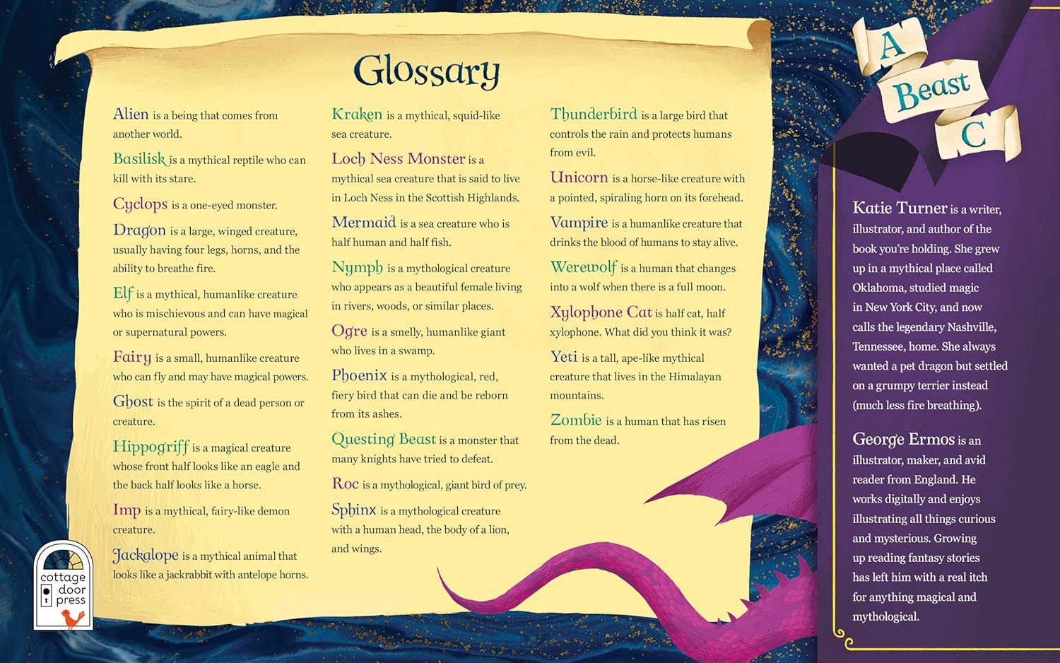 A page from the book showing the 'Glossary' section with a list of mythical creatures and their definitions.