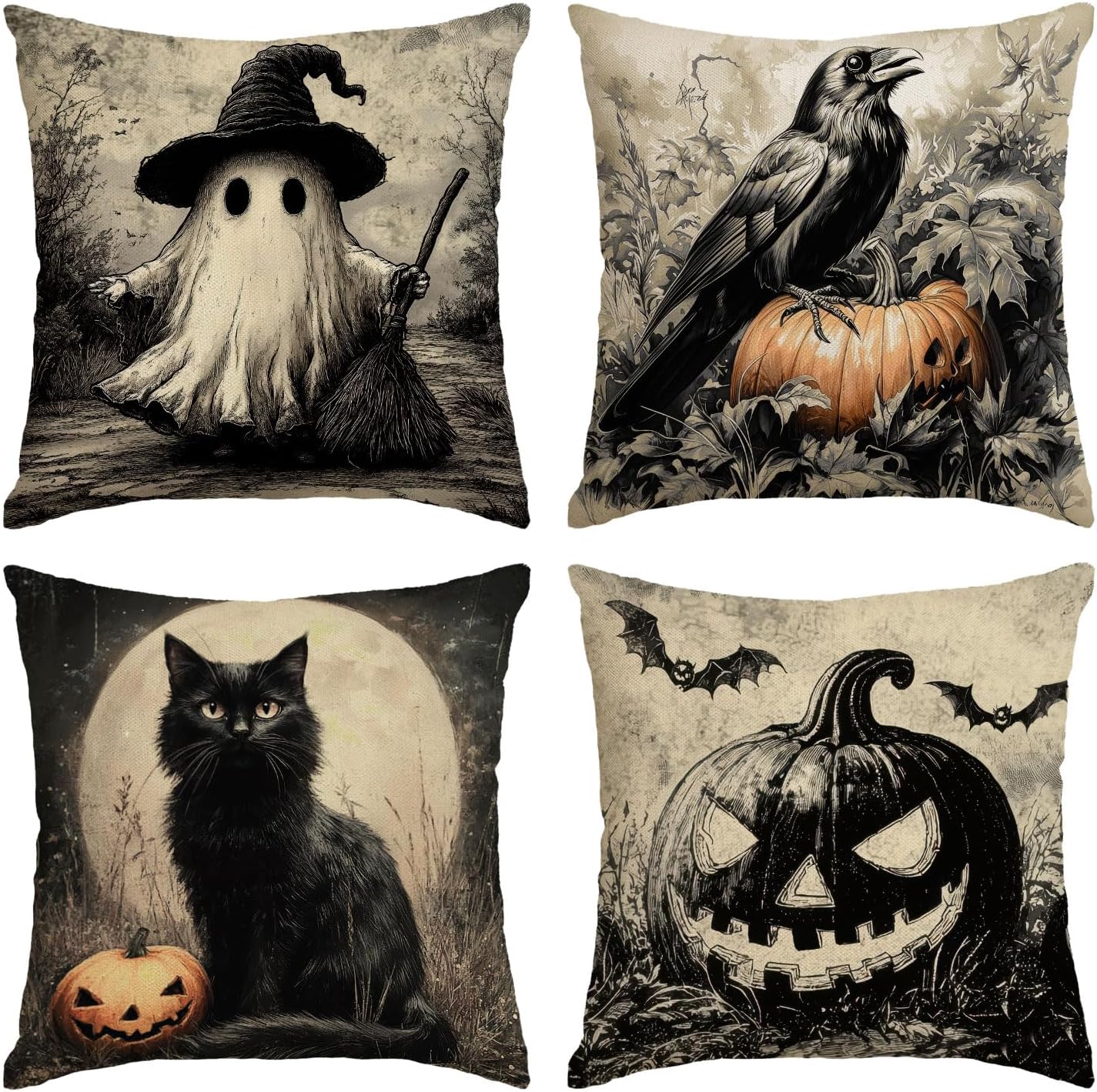 Halloween Pillow Covers 22x22 Set of 4 Vintage Scary Decorative Throw Pillows Cover Ghost Pumpkin Cat Crow Pillow Cases Home Outdoor Sofa Couch Cushion Covers for Halloween Decorations (22 by 22)