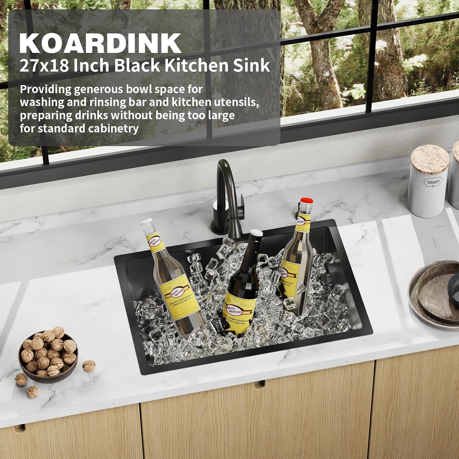 Black 27x18 Inch Stainless Steel Kitchen Sink - Undermount Modern Single Bowl Drop In Kitchen And Bar Sink With Silicon Mat,Drain Strainer Set Compatibility With Various Kitchen&Bar Style