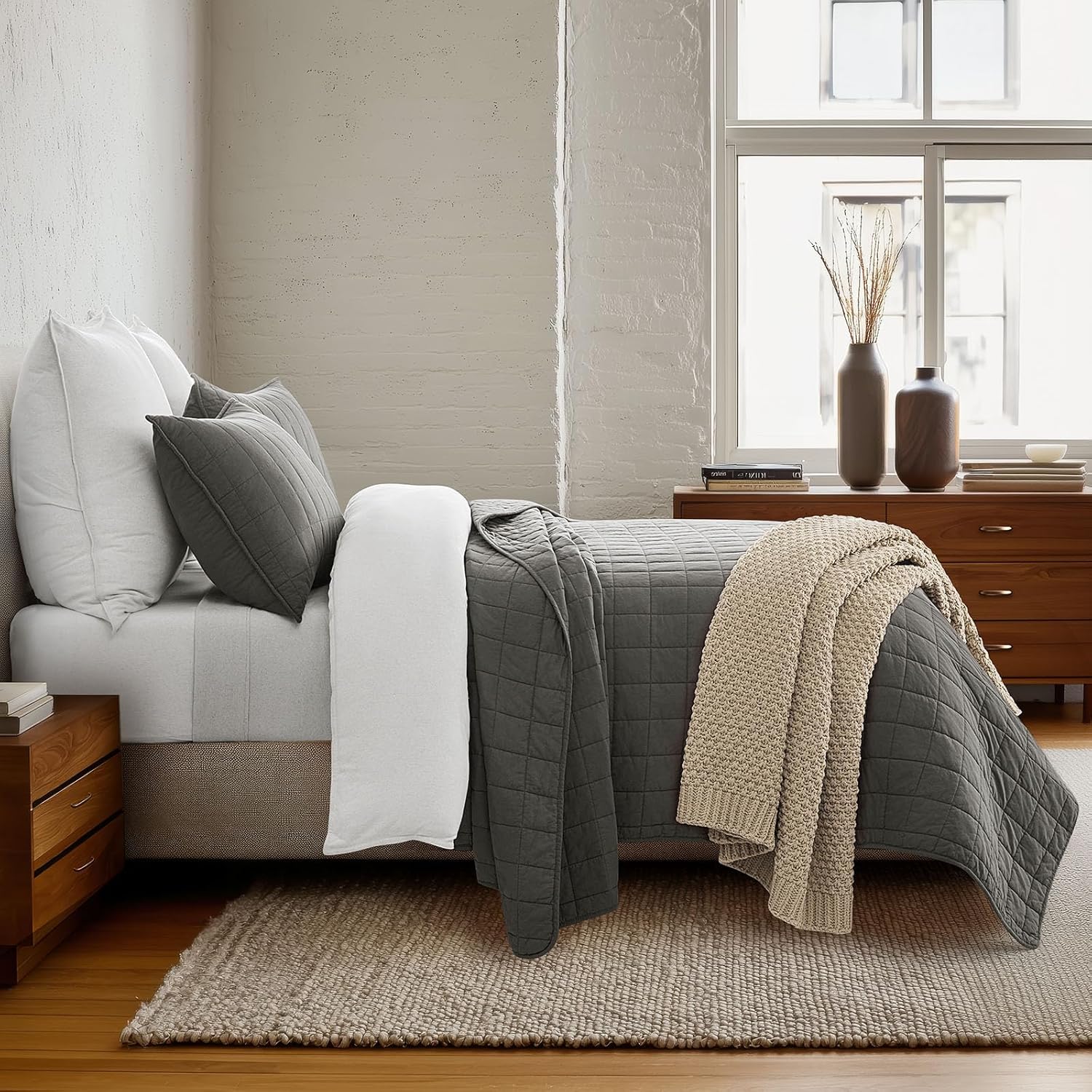 EVERGRACEHOME 100% Cotton Box Stitch Quilt Bedding Set King Size 3 Pieces, Garment-Washed Lightweight Soft Cozy Coverlet, Oversized Quilted Bedspread Sets with 2 Shams for All Season, Dark Gull Gray | Box Stitch Design, 100% Cotton, Soft, Oversized, Pre Washed, Oeko-Tex Certified