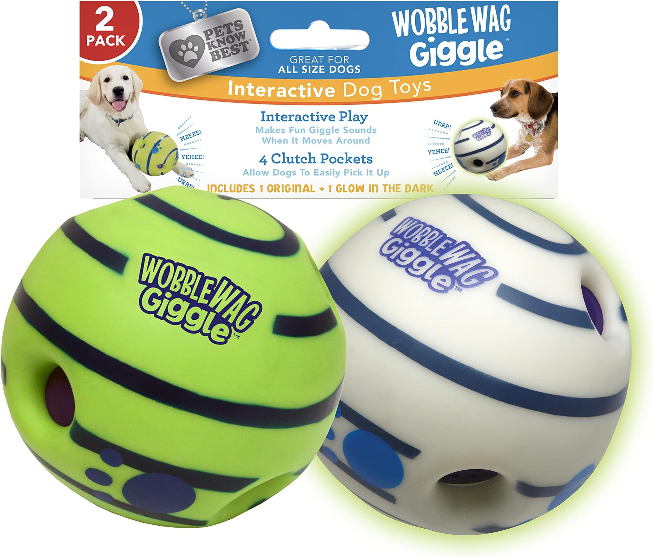 Ball 2 Pack- Interactive Dog Toy, Fun Giggle Sounds When Rolled or Shaken, Pets Know Best, 1 Original & 1 Glow in The Dark Ball