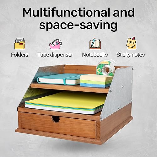 Miniatura 3 de Organizador de escritorio de madera de bambú, almacenamiento máximo con dos bandejas de archivos, archivos verticales, bolígrafos, almohadillas y