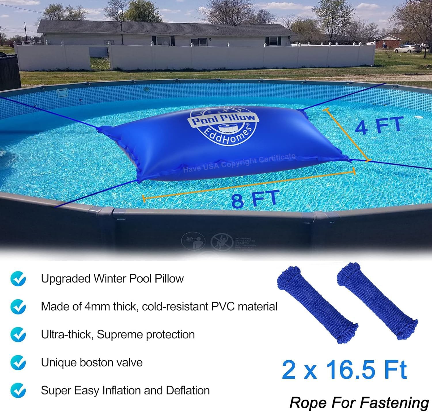 4x8FT Pool Pillow for Above Ground Pools, 0.5mm Extra Thick & Strong Cold-Resistant Pool Pillows 4x8ft for Closing Winter, P ool Pi llow for Winterizing to Last All Season(with 33ft Rope)