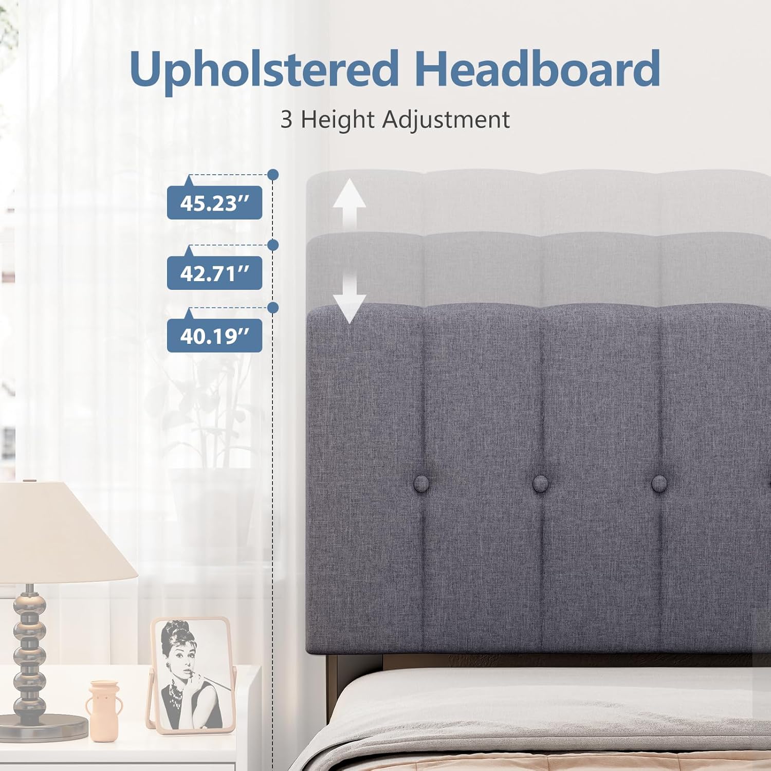 Bed Frame Twin with Adjustable Upholstered Headboard, Fully Upholstered with Storage and Wood Slats Support, Noise-Free Platform, No Box Spring Needed, Easy Assembly, Grey
