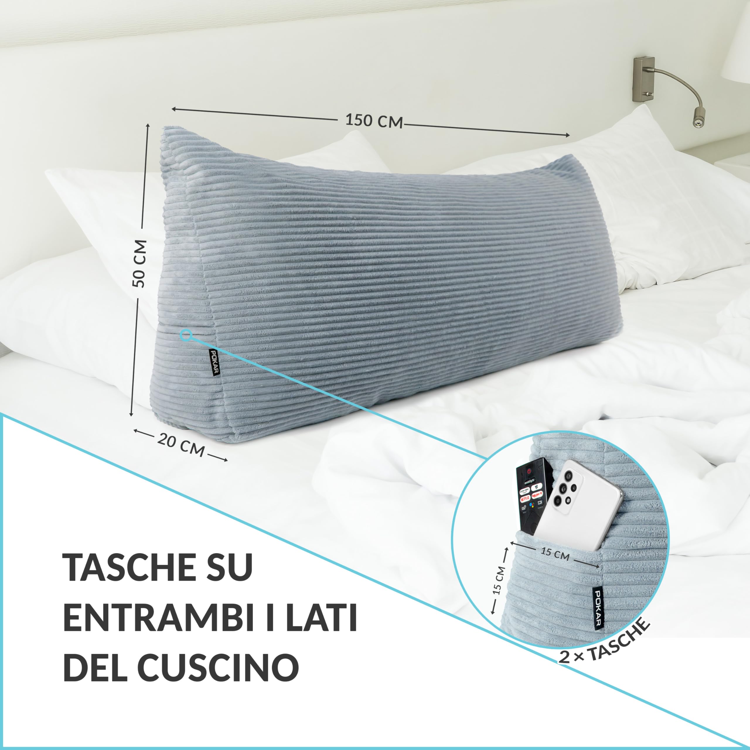 POKAR Cuscino da Lettura 150x50x20 cm | Cuscino Schienale Divano in Velluto Corduroy con Appoggio Schiena Grande | Cuscino Triangolare Cuneo Testata Letto | Certificato Oeko Tex 100 | Beige
