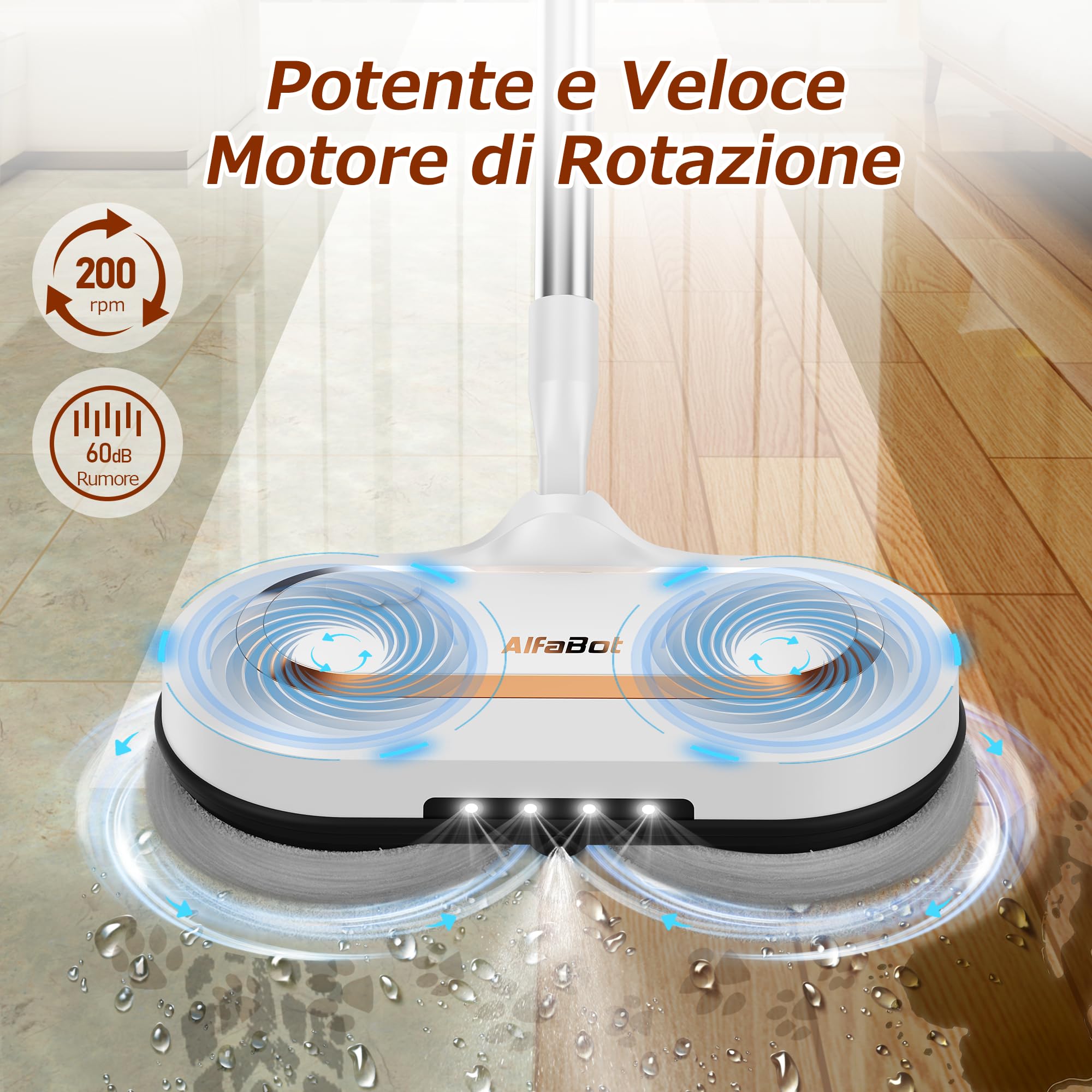 AlfaBot S2 Mocio Elettrico Cordless, 400ML Serbatoio, 60min di Autonomia, Mop Elettrico Lavapavimenti senza Fili con Faro LED e Spruzzatore, per Pavimenti in Legno Duro e Piastrelle