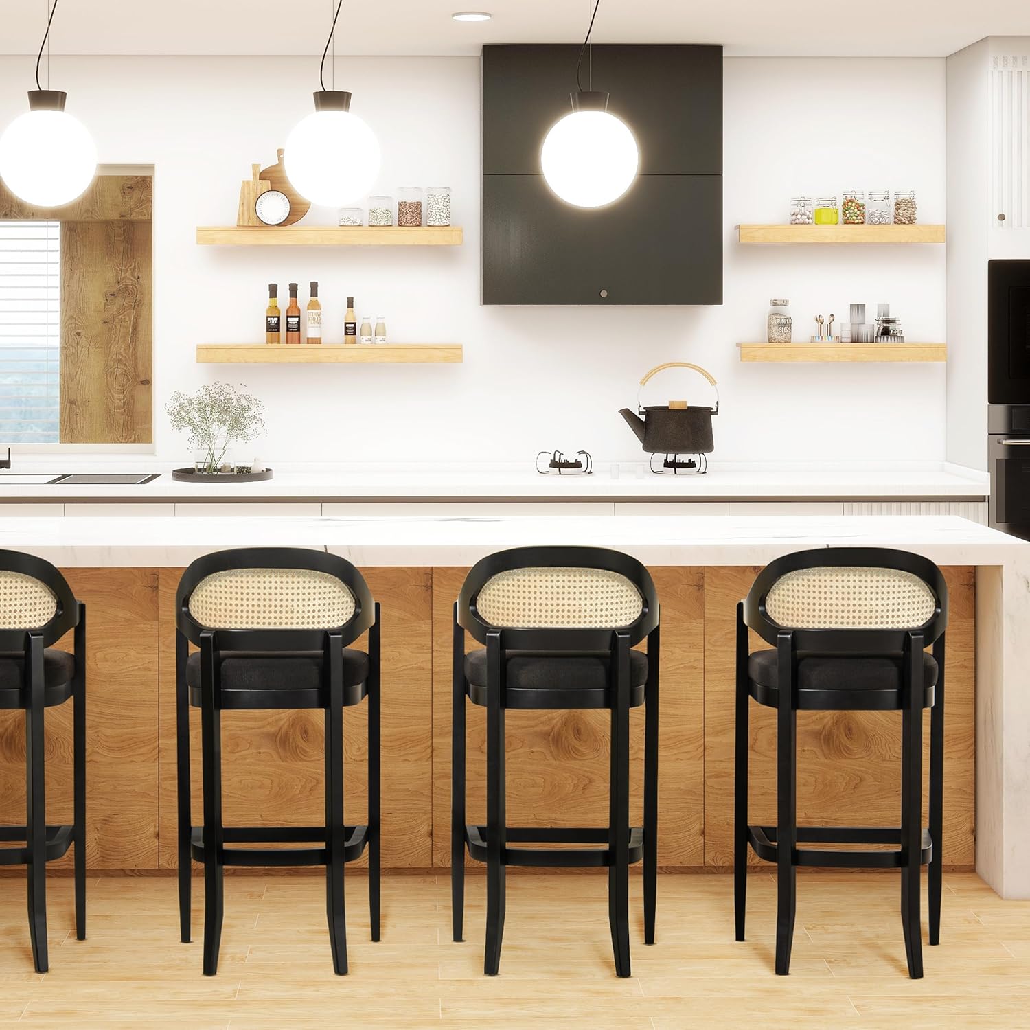 Jennifer Taylor Home Americana Set of Two Mid-Century Modern 30.5" Cane Back Bar Stools, Jet Black Woven