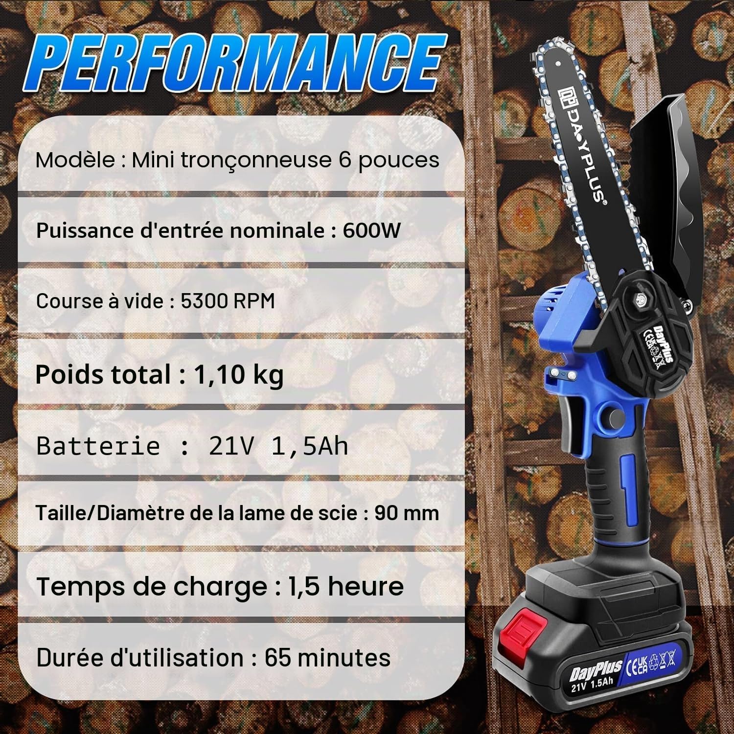 Tronçonneuse électrique super puissante et scie à bois à batterie avec aiguiseur - Outil de jardin avec une batterie Li-Ion et 2 chaînes, 2200W, longueur de la plaque de guidage de 15,2 cm