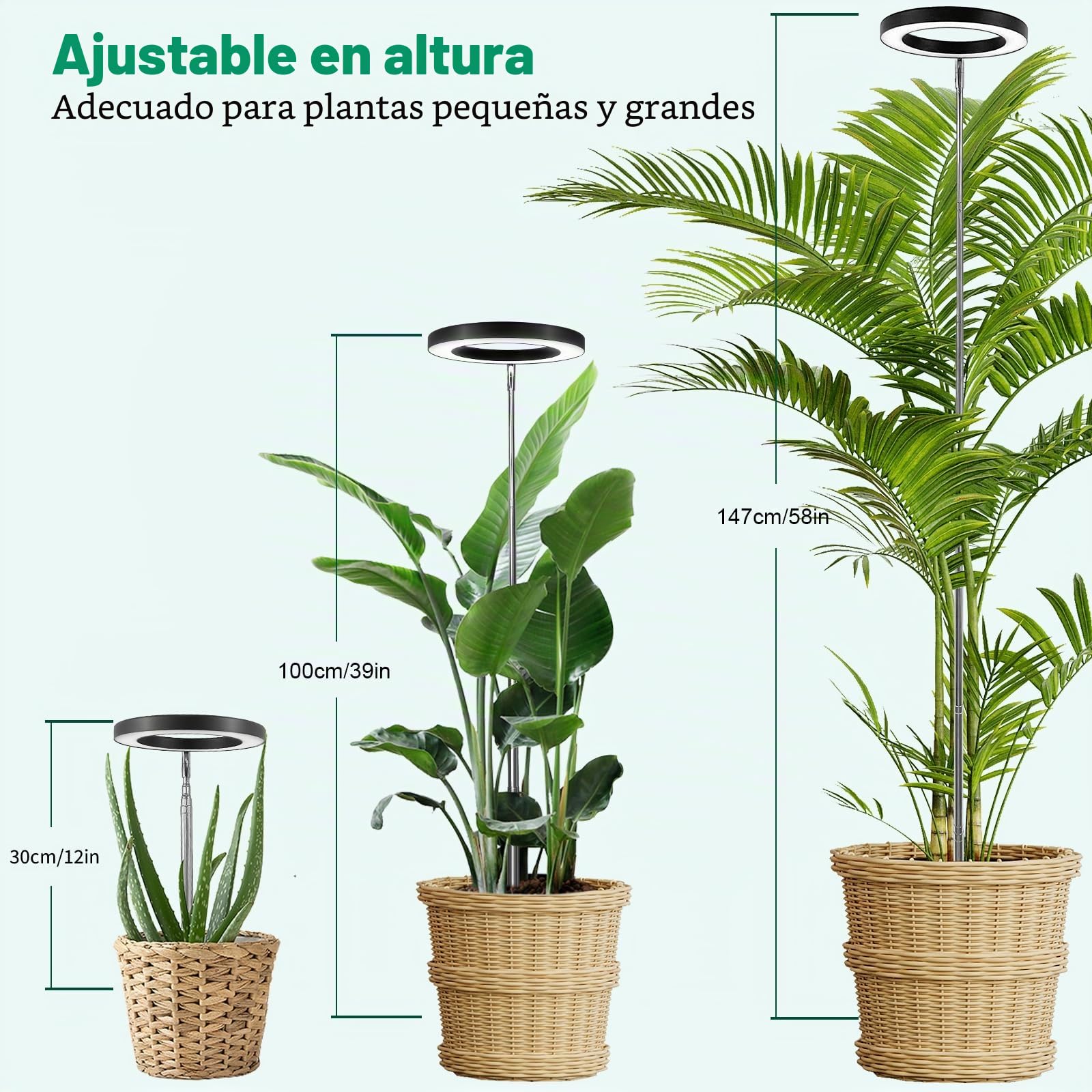 Lámpara LED de espectro completo para plantas de interior 155cm altura regulable, luz para plantas con 72 LED, 3 niveles de brillo regulable, temporizador de 3/9/12 horas para plantas de (Negro)