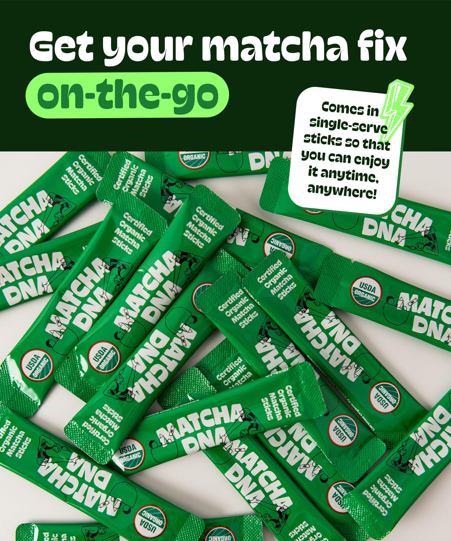 MatchaDNA Organic Matcha Powder Sticks x15 Pack 1 5g Each Instant Organic Matcha Macha Green Tea Blend Unsweetened — view 3