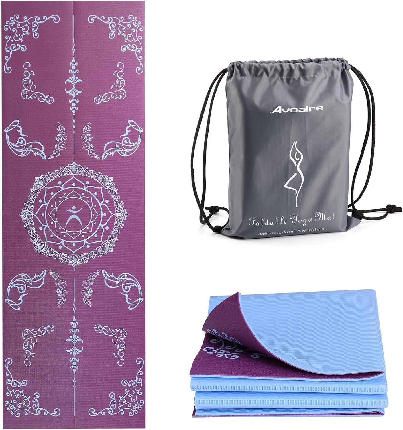 Avoalre Folding Yoga Mat, Eco-Friendly PVC Travel Yoga Mat Packable, Double Sided Non-Slip Printed Yoga Mats with Bag for Home Workout Gym Exercise Fitness Pilates Stretching (72″ x 24″ x 1/5″ Thick)