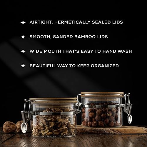 Miniatura 6 de JoyJolt Tarros de vidrio con tapas de bambú (12 onzas líquidas). Juego de 2 tarros de almacenamiento herméticos con tapas de abrazadera para